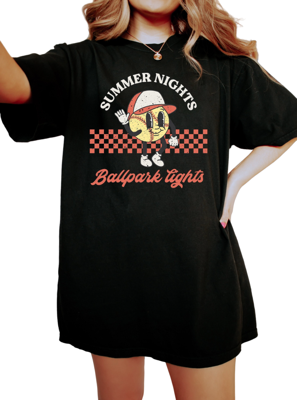 Vintage Washed Tee, Summer Nights Ballpark Lights, Sports Shirt, Softball Biggest Fan, Parents of