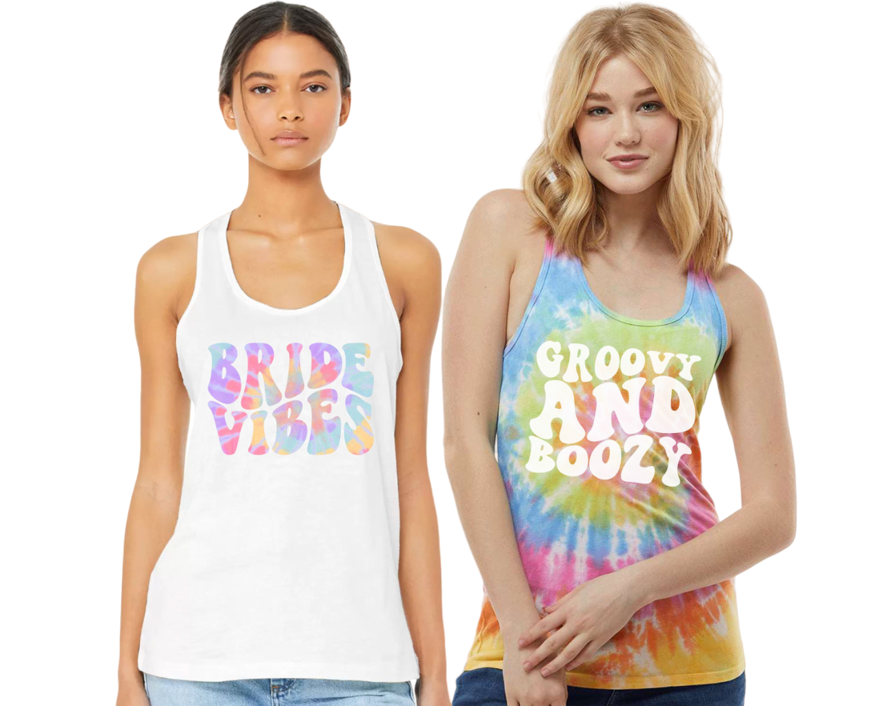 Bachelorette Party Tie Dye Tank Tops, Bride Vibes, Groovy and Boozy Retro Graphic, Gifts for Her,