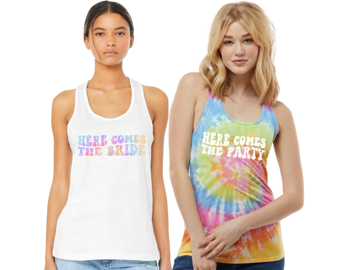 Bachelorette Party Tie Dye Tank Tops, Here Comes The Bride, Here Comes The Party, Retro Bridal Party