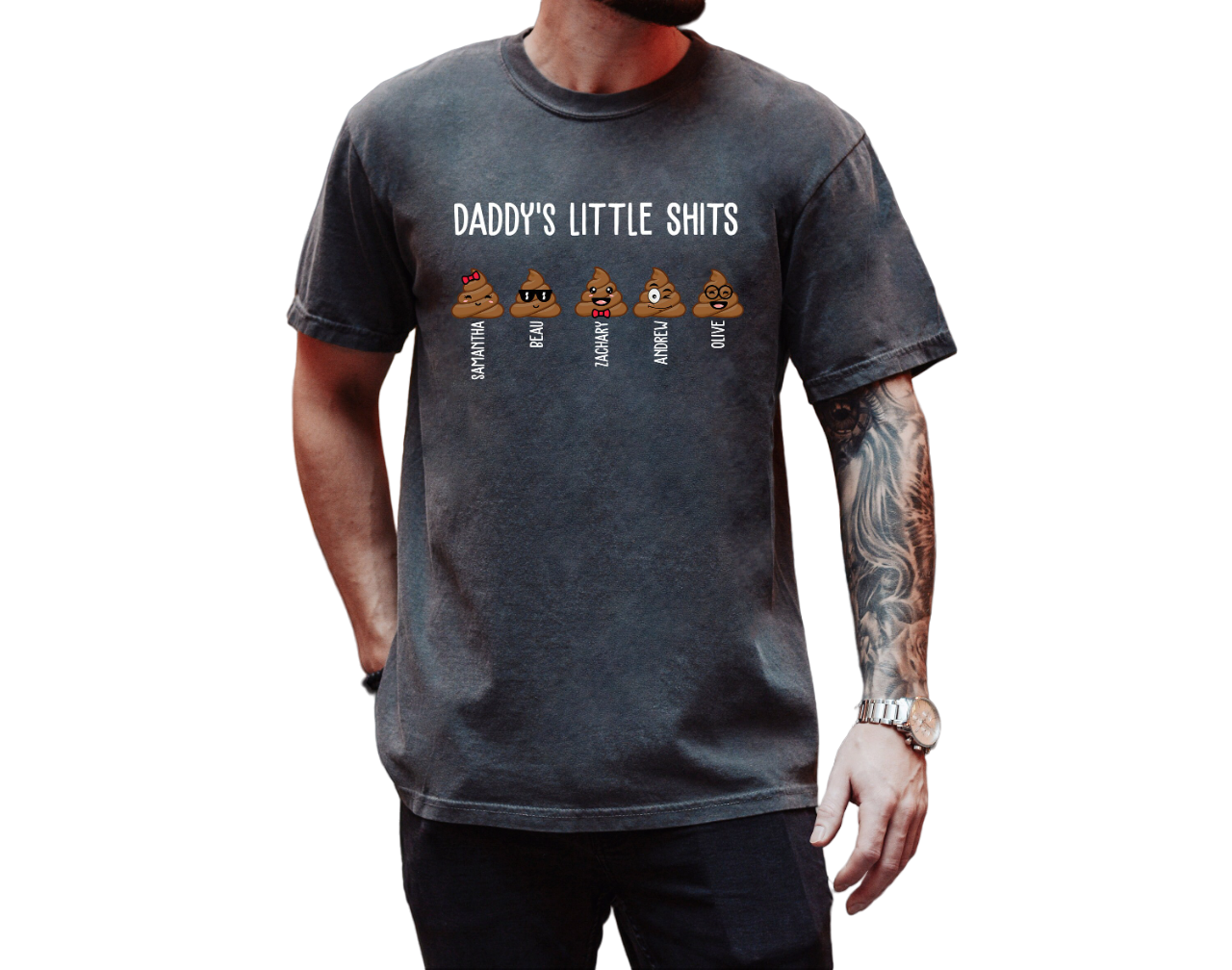 Custom Vintage Washed Tee, Daddy's Little Shits Emoji Shirt, Girl Dad, Dad Shirt, Custom Kids Names,