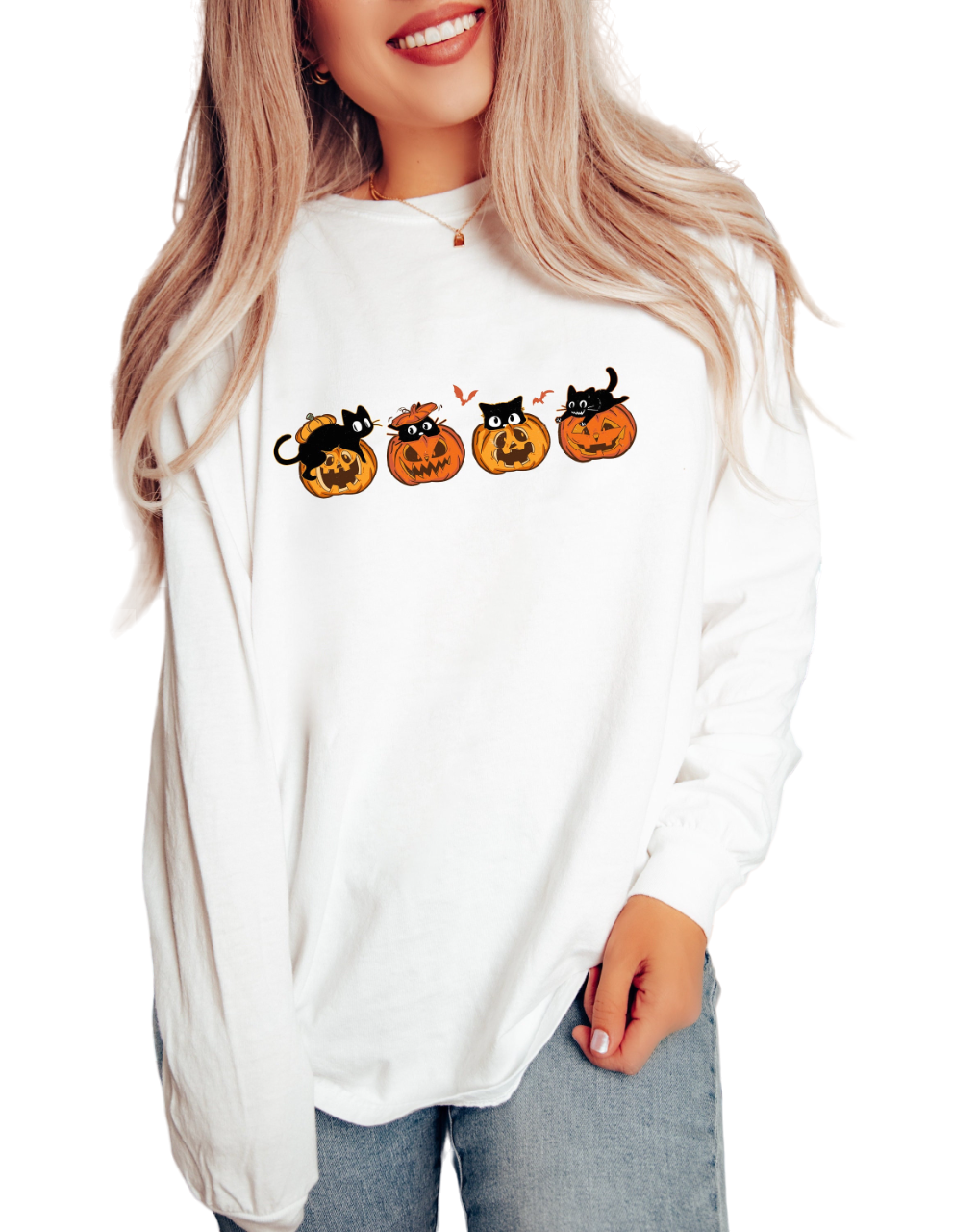 Long Sleeve Retro Halloween Vintage Washed Shirt, Vintage Kitten Pumpkin Halloween Shirt, Pumpkin