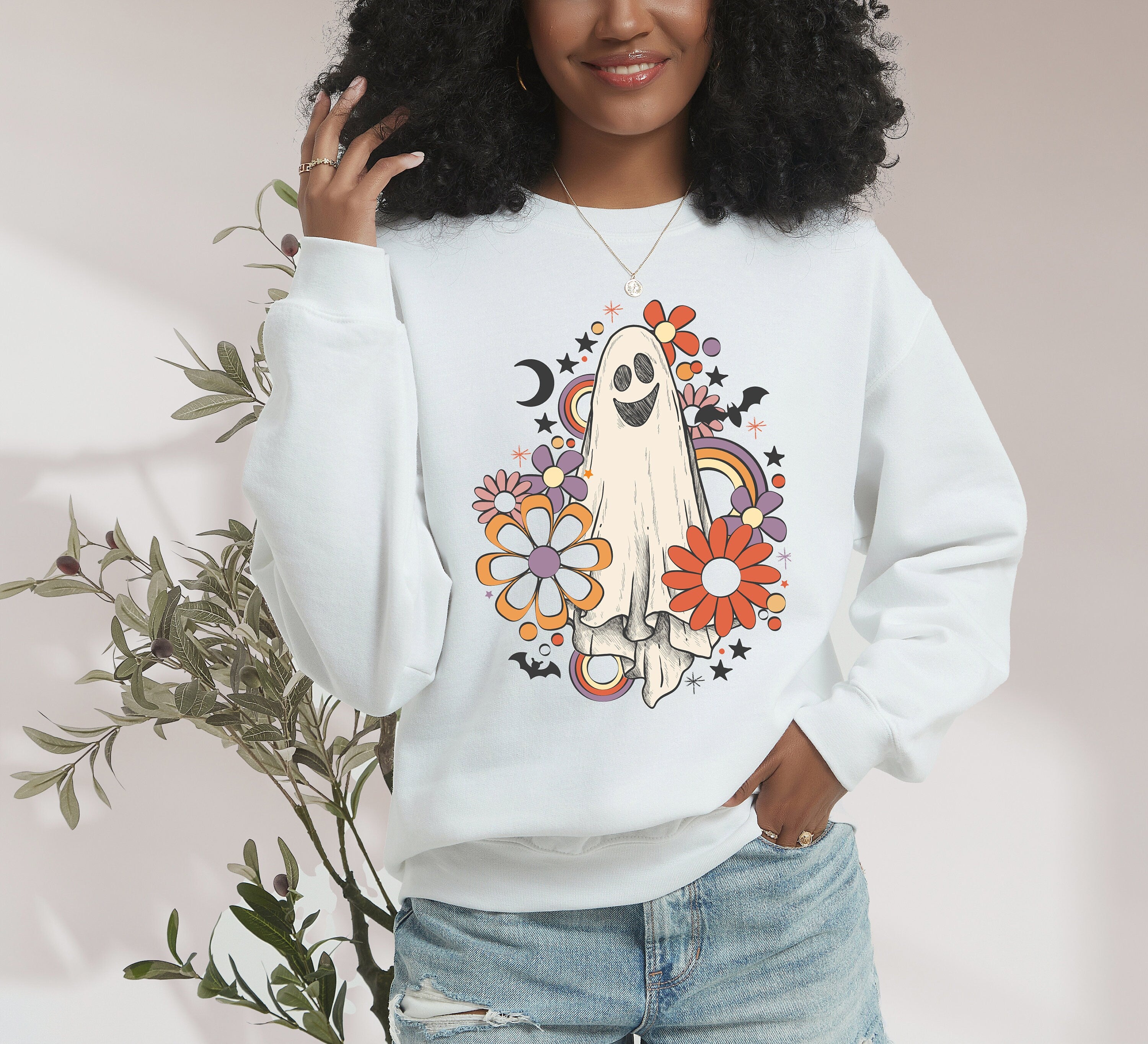 Retro Flower Ghost Crewneck, Fall Design, Vintage Halloween Sweater, Fall Sweatshirt ,Autumn Sweater, Pumpkin Sweatshirt, Flower Vibes