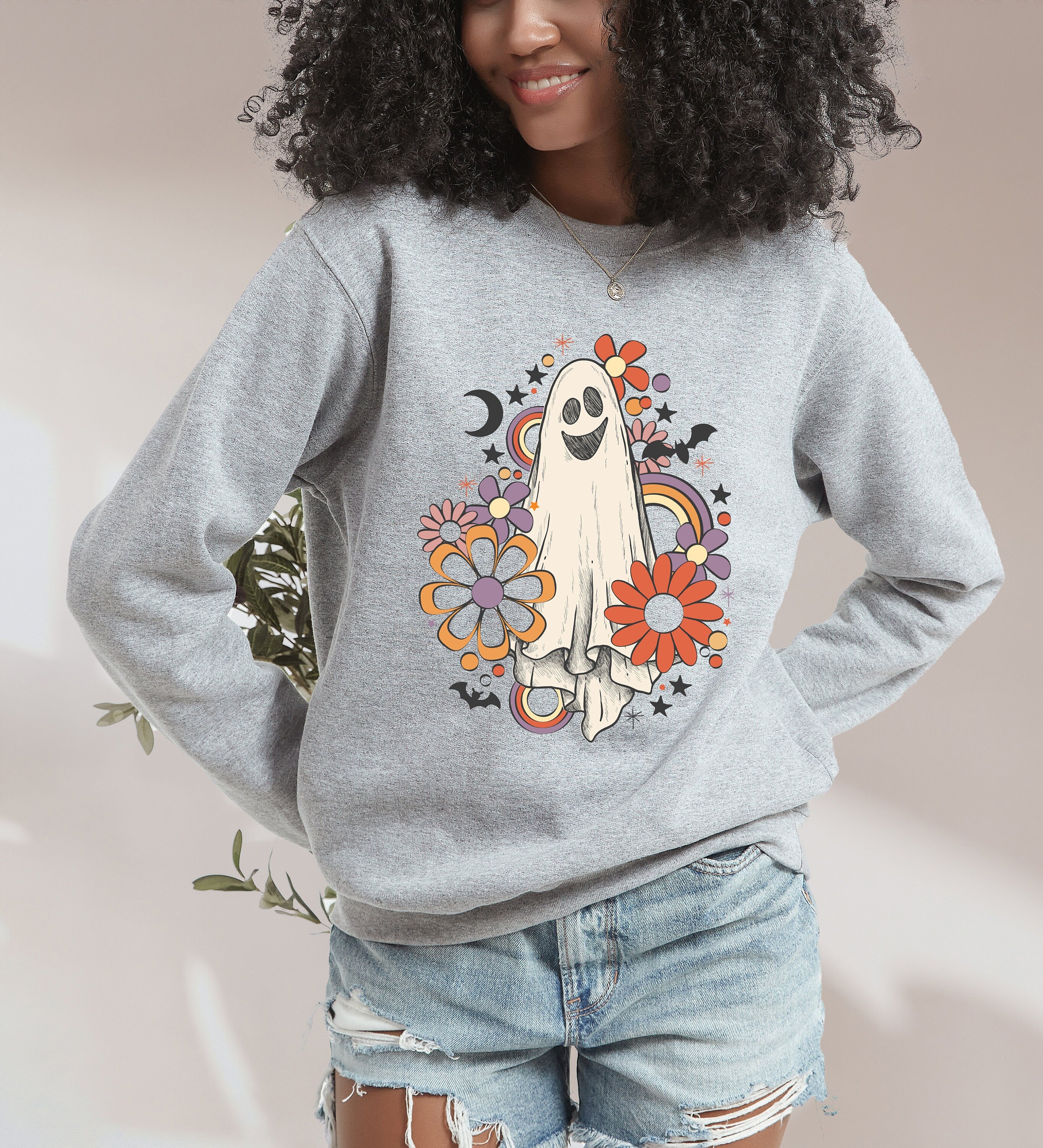 Retro Flower Ghost Crewneck, Fall Design, Vintage Halloween Sweater, Fall Sweatshirt ,Autumn Sweater, Pumpkin Sweatshirt, Flower Vibes