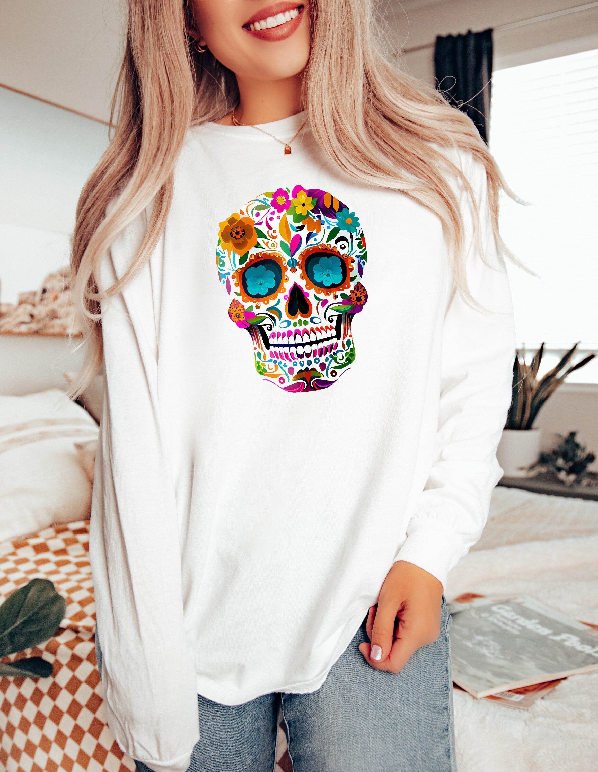 Long Sleeve Retro Day Of The Dead Comfort Colors Shirt, Dia De Los Muertos Vintage Shirt, Sugar Skull T-Shirt, Graphic T