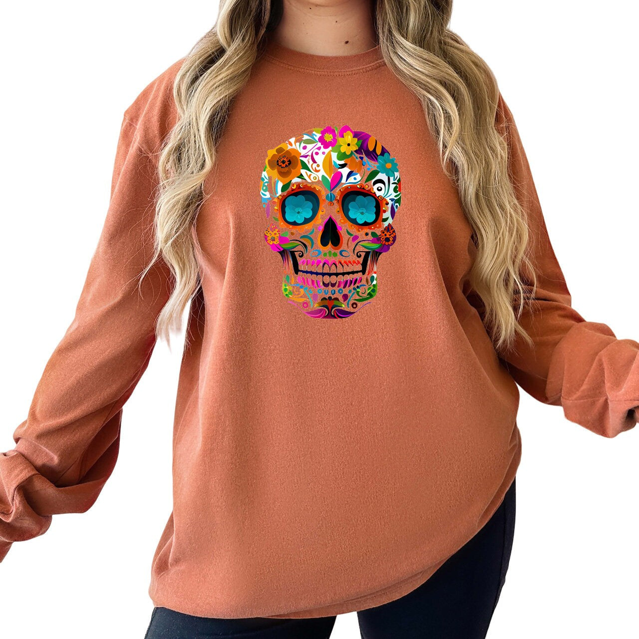 Long Sleeve Retro Day Of The Dead Comfort Colors Shirt, Dia De Los Muertos Vintage Shirt, Sugar Skull T-Shirt, Graphic T