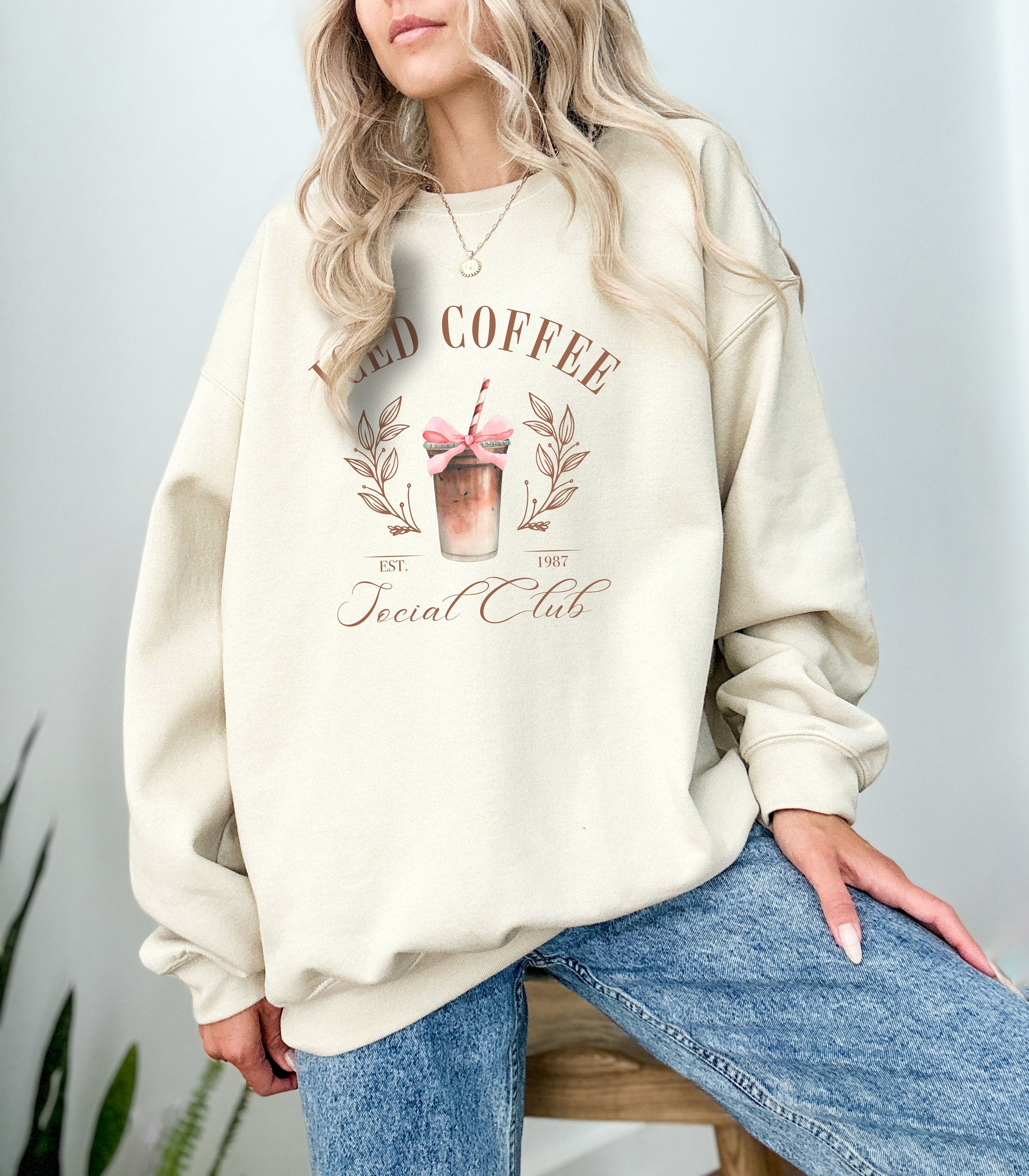 Cute Iced Coffee Social Club Crewneck, Iced Coffee Lovers Sweater, Pink Bow, Retro Coffee Sweatshirt, Iced Latte,