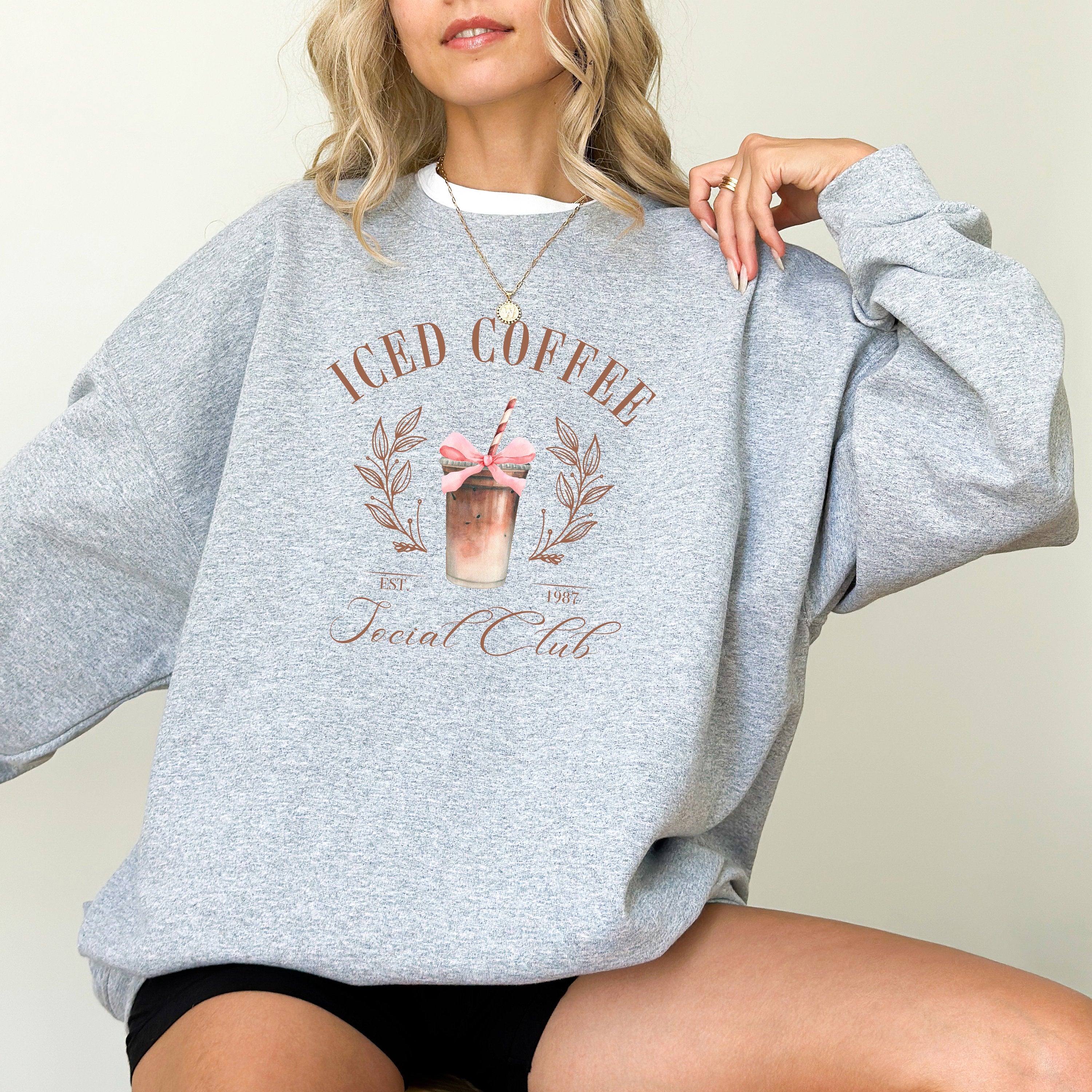 Cute Iced Coffee Social Club Crewneck, Iced Coffee Lovers Sweater, Pink Bow, Retro Coffee Sweatshirt, Iced Latte,