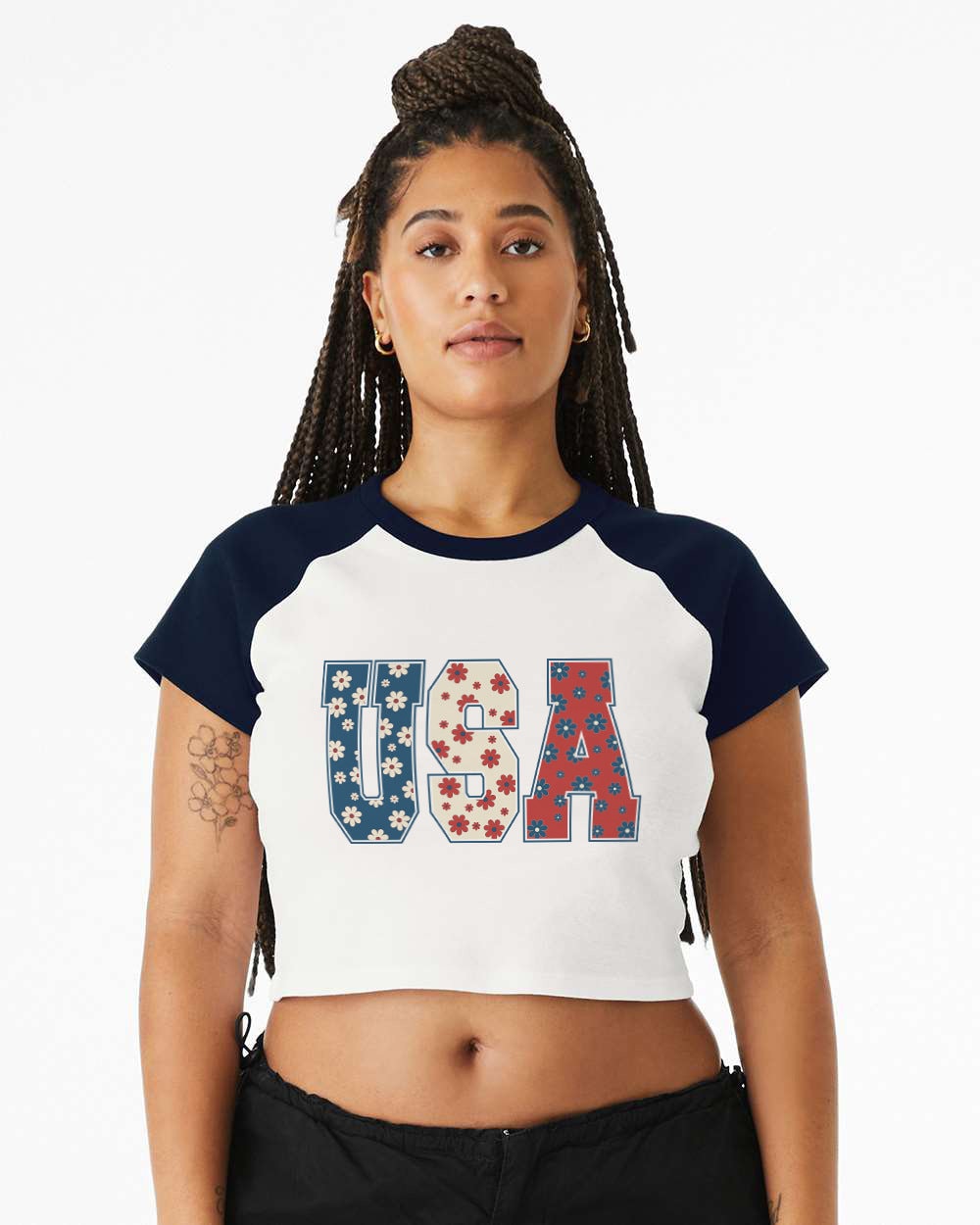 Baby Raglan Crop Top Tee Retro America Stars USA shirt,4th of July tee, Retro funny fourth shirt, Women 4th of July, USA Bold Floral