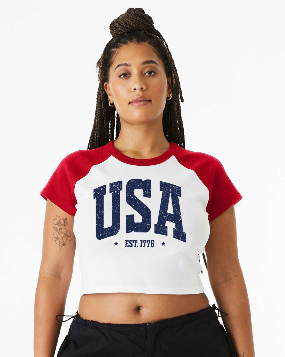 Baby Raglan Crop Top Tee Retro America Stars USA shirt,4th of July tee, Retro funny fourth shirt, Women 4th of July, USA Bold Red White Blue