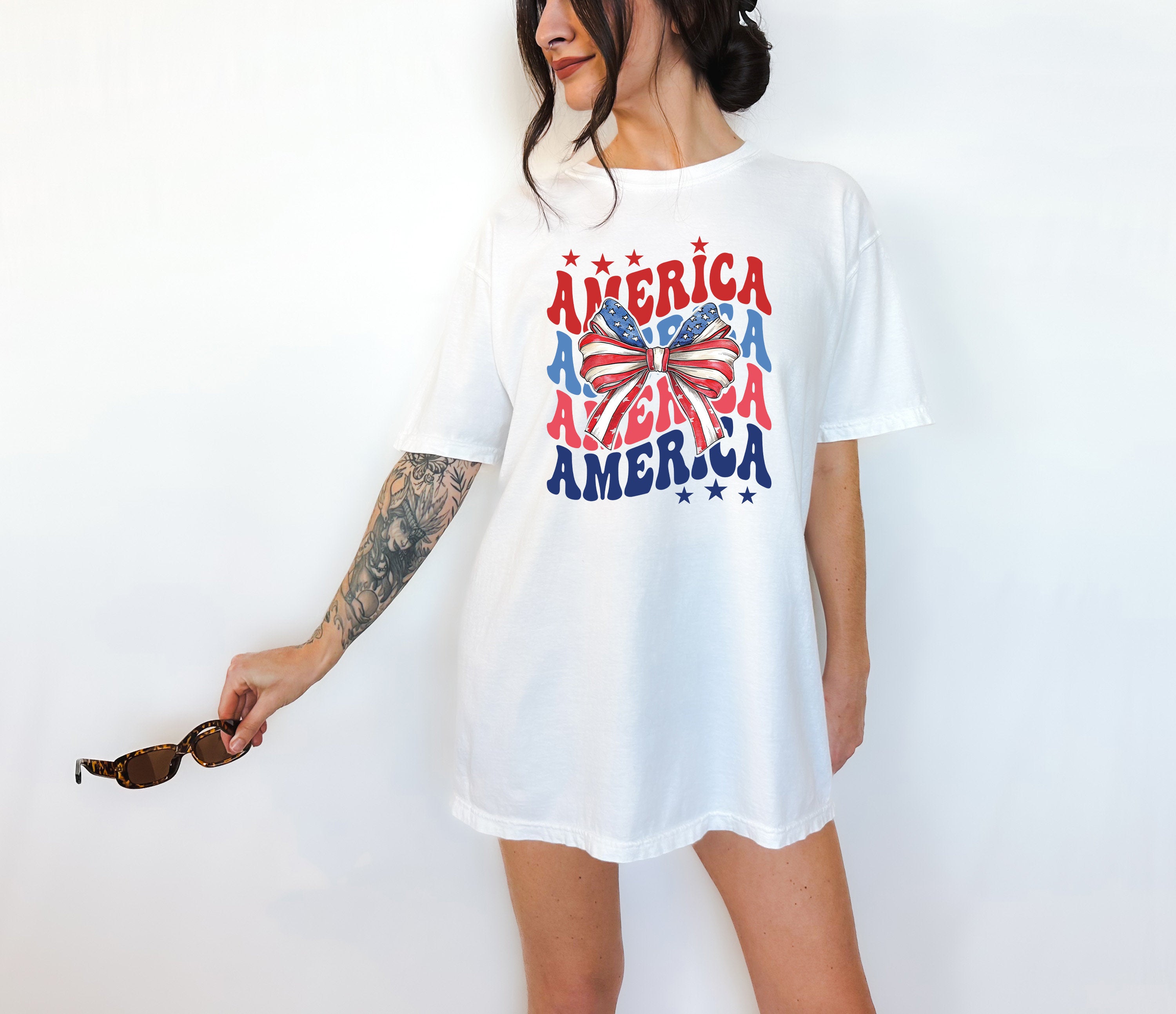 Retro America Comfort Colors Shirt, 4th of July tee, Womens 4th of July shirt, America Patriotic Shirt, Independence Day, Bow Design