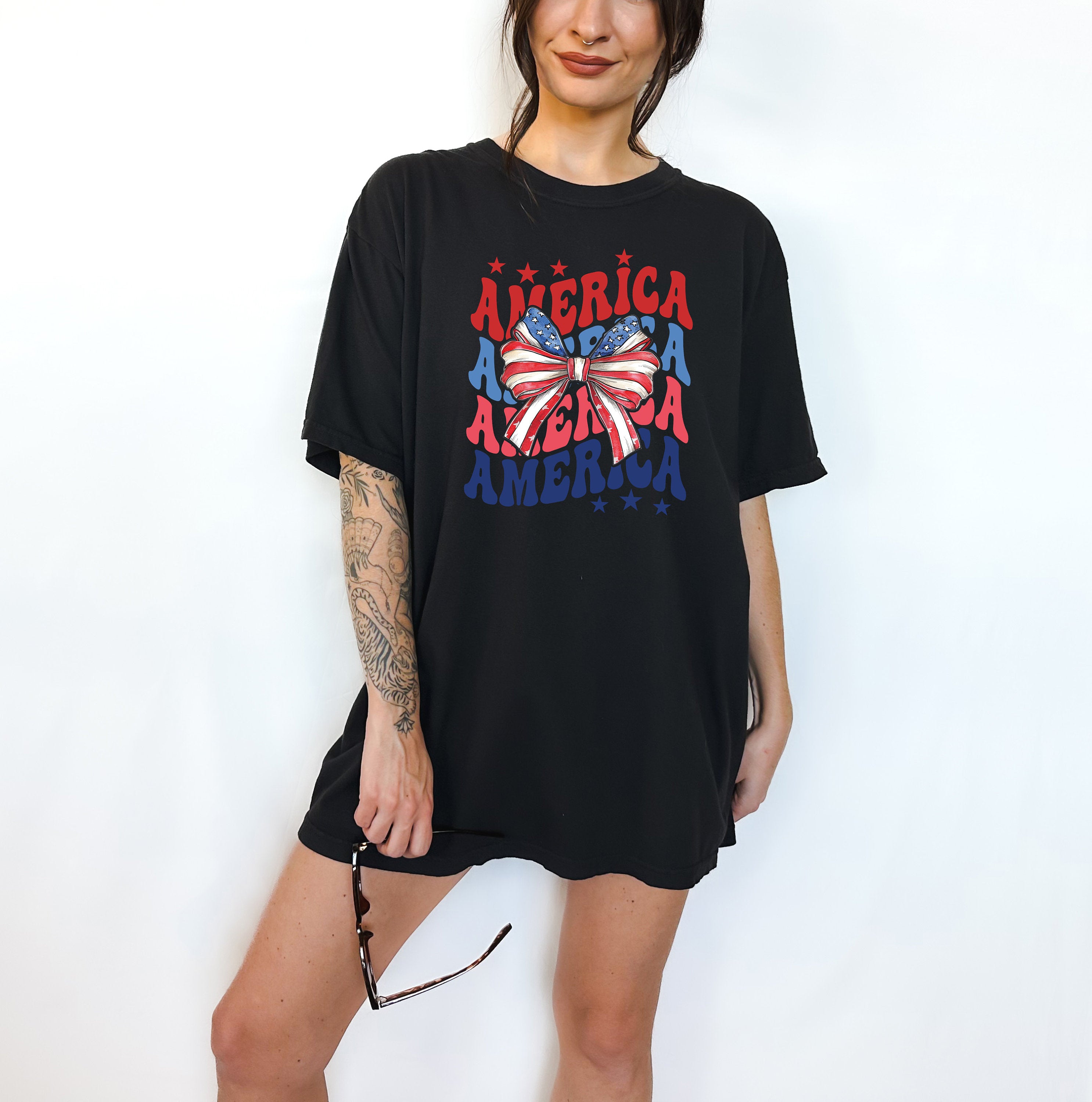 Retro America Comfort Colors Shirt, 4th of July tee, Womens 4th of July shirt, America Patriotic Shirt, Independence Day, Bow Design