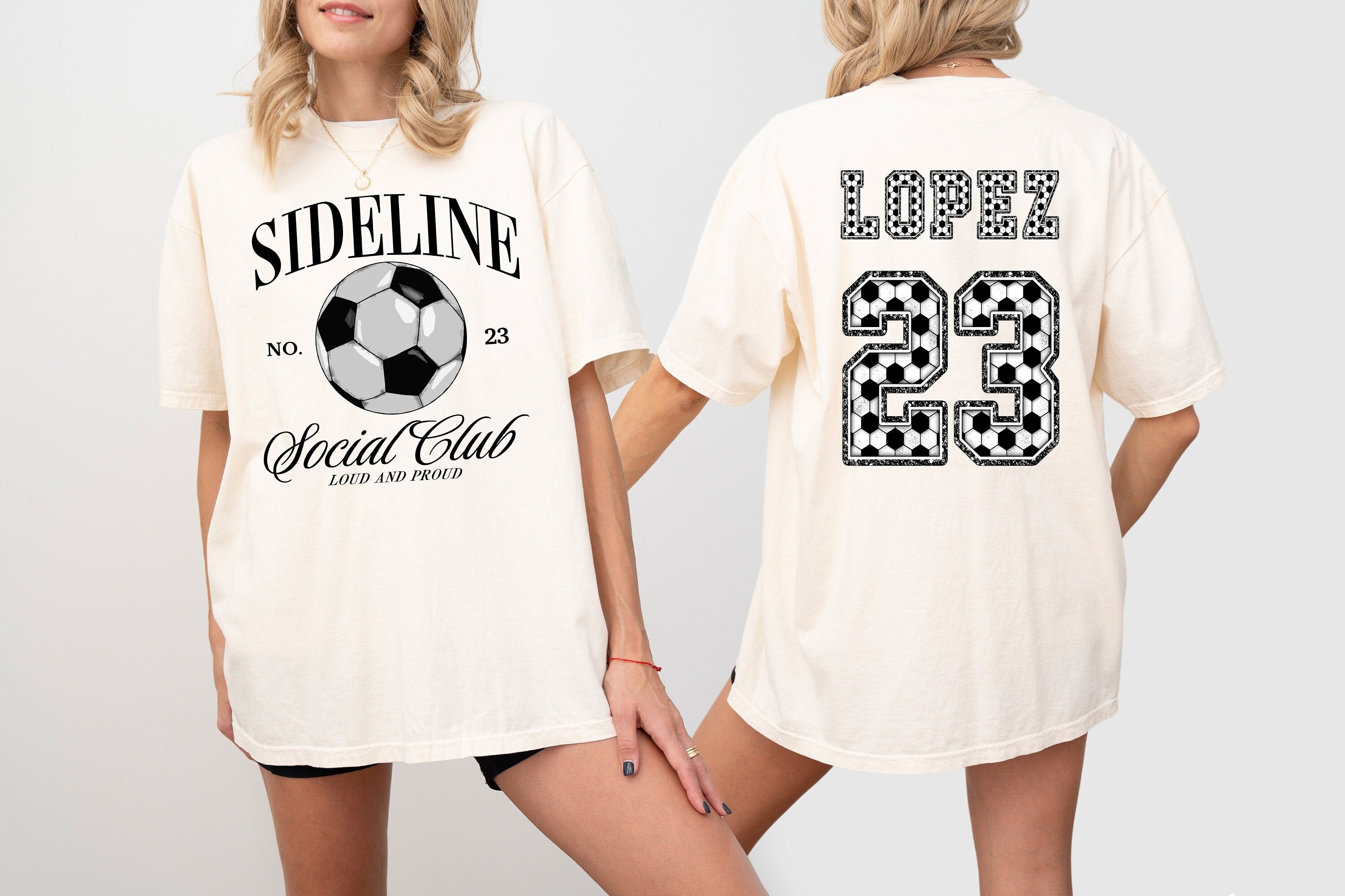 Sideline Social Club Custom Sports Comfort Colors Tee, Two-sided Soccer Tshirt Custom Number Name Soccer Mom Tee Personalized Soccer Shirt