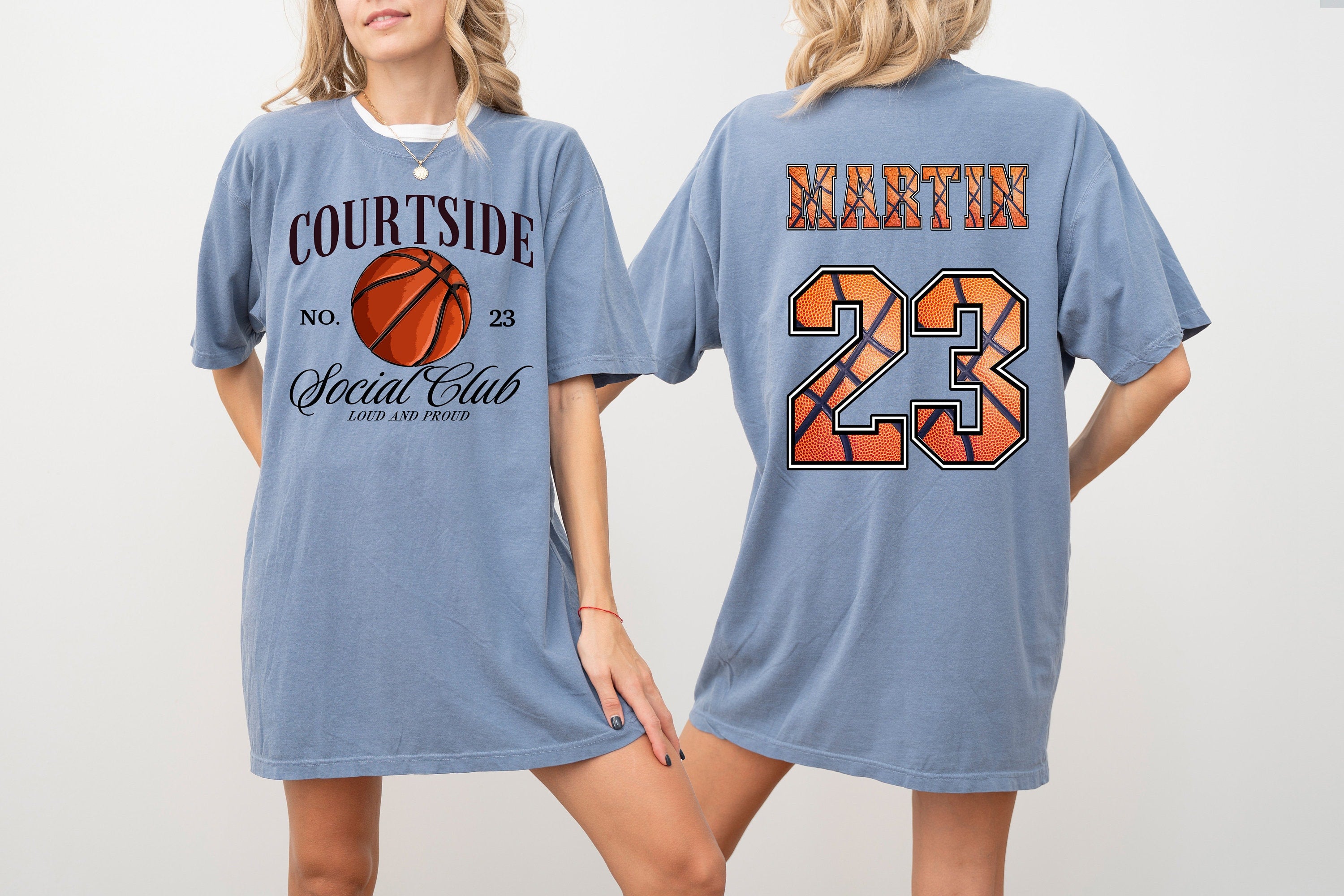 Court Side Social Club Sports Comfort Colors Tee, Two-sided Basketball Tshirt Custom Number Name Basketball Mom Tee Personalized Bball T