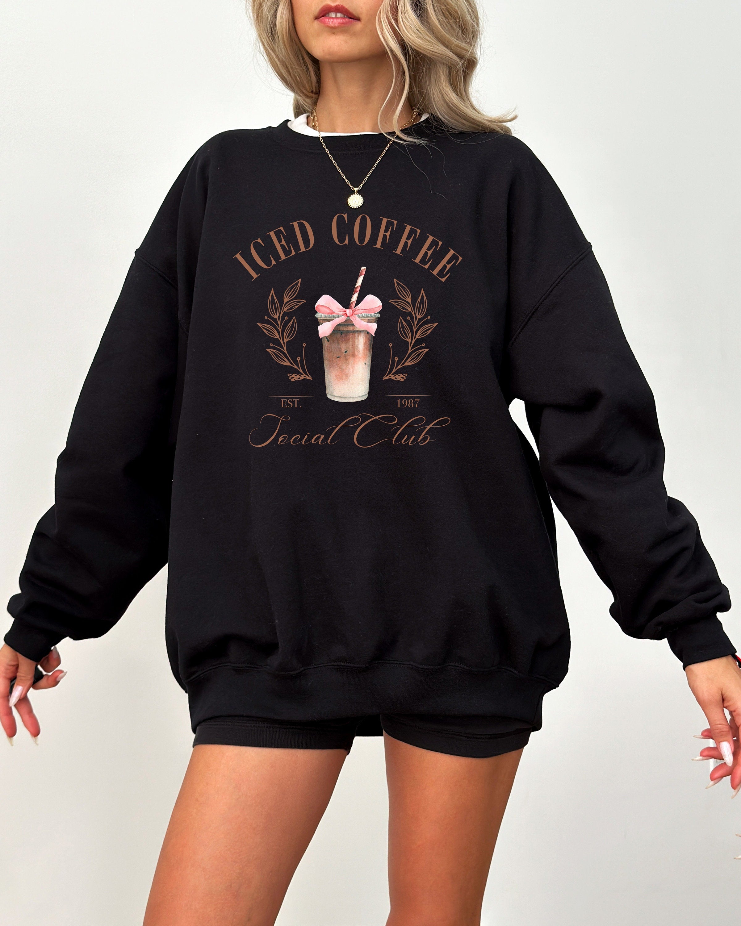 Cute Iced Coffee Social Club Crewneck, Iced Coffee Lovers Sweater, Pink Bow, Retro Coffee Sweatshirt, Iced Latte,