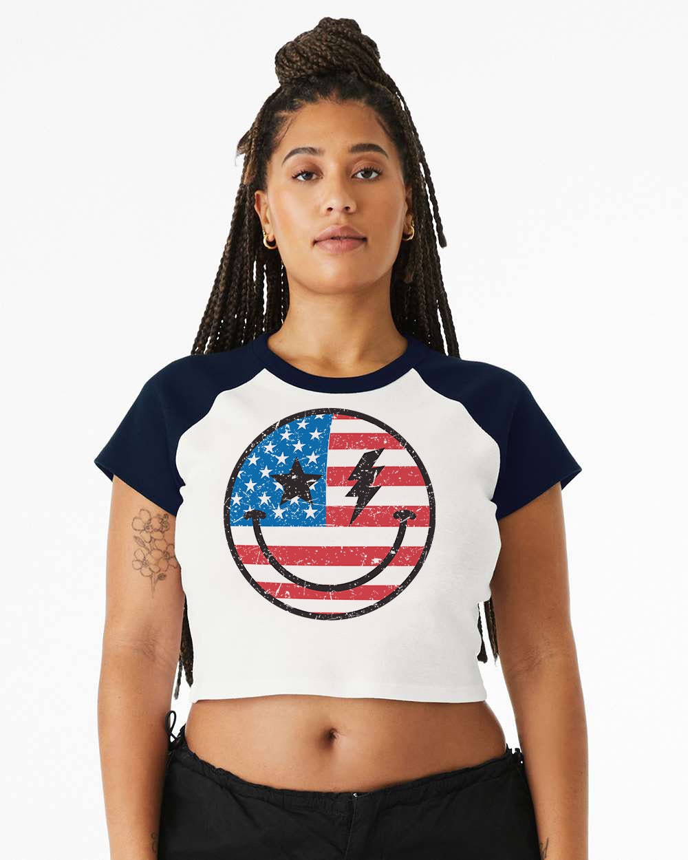 Baby Raglan Crop Top Tee Retro America Stars USA shirt,4th of July tee, Retro funny fourth shirt, Women 4th of July, Vintage Flag Face