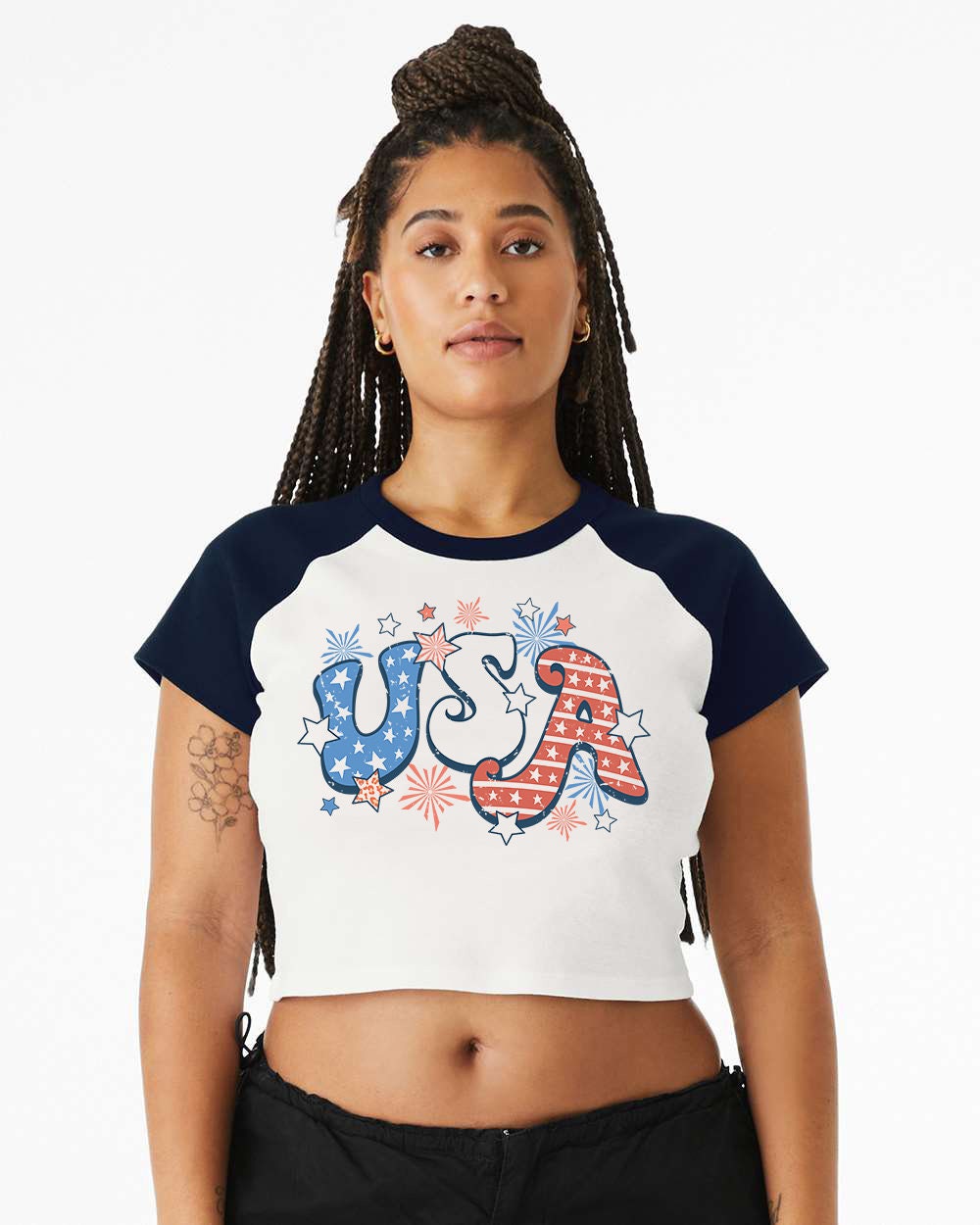 Baby Raglan Crop Top Tee Retro America Stars USA shirt,4th of July tee, Retro funny fourth shirt, Women 4th of July, USA Bold Red White Blue