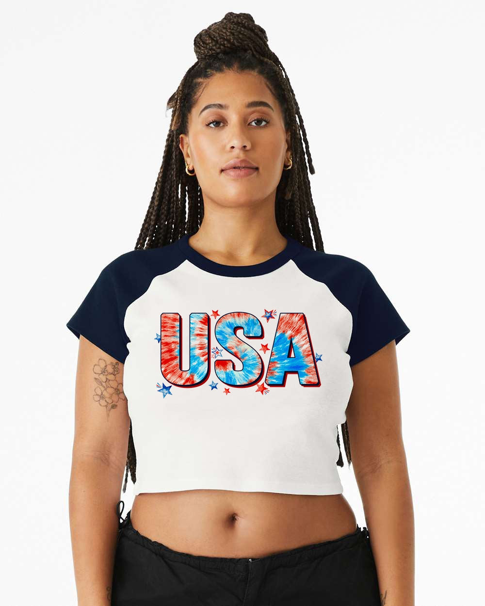 Baby Raglan Crop Top Tee Retro America Stars USA shirt,4th of July tee, Retro funny fourth shirt, Women 4th of July, USA Bold Tie Dye Tee