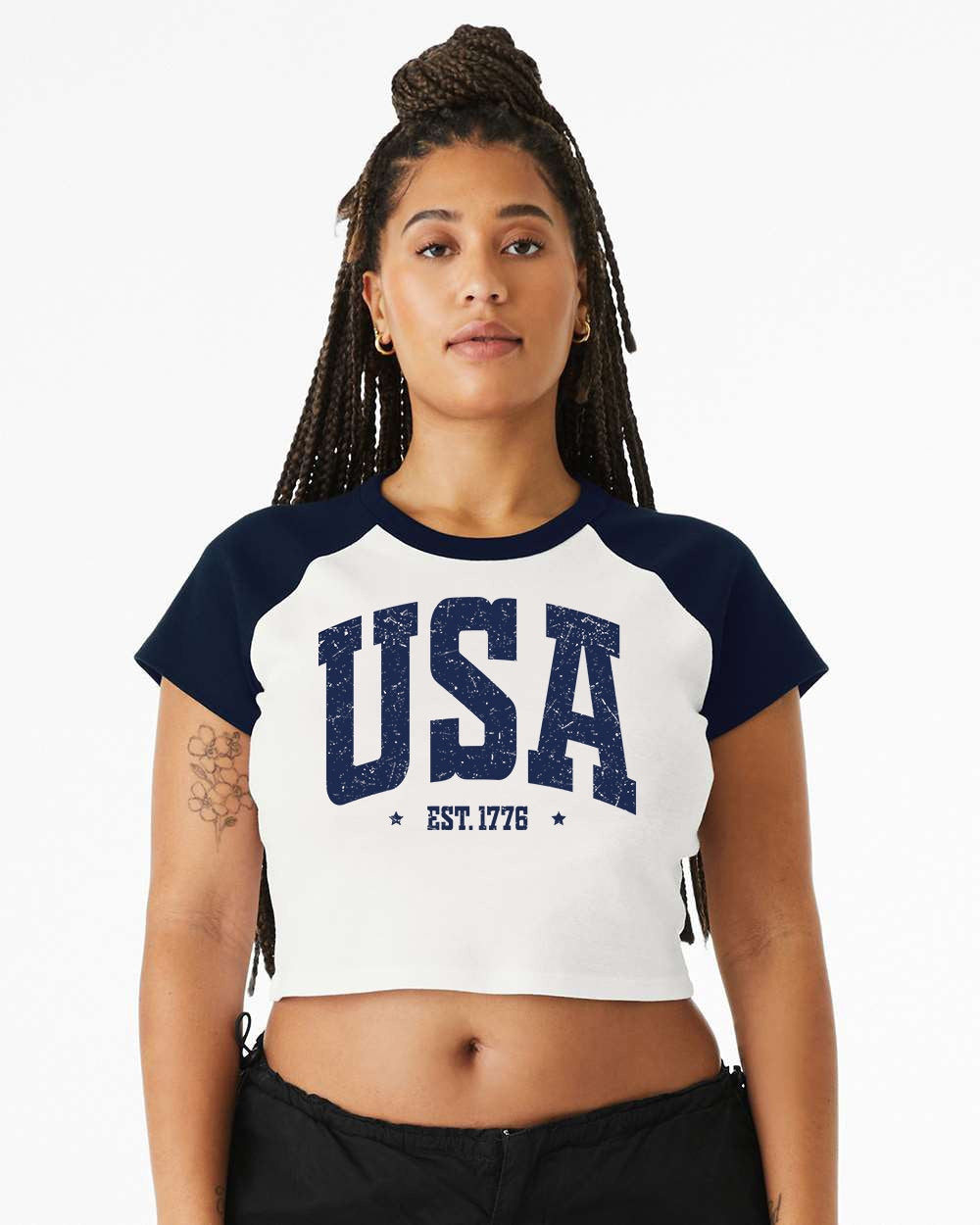 Baby Raglan Crop Top Tee Retro America Stars USA shirt,4th of July tee, Retro funny fourth shirt, Women 4th of July, USA Bold Red White Blue