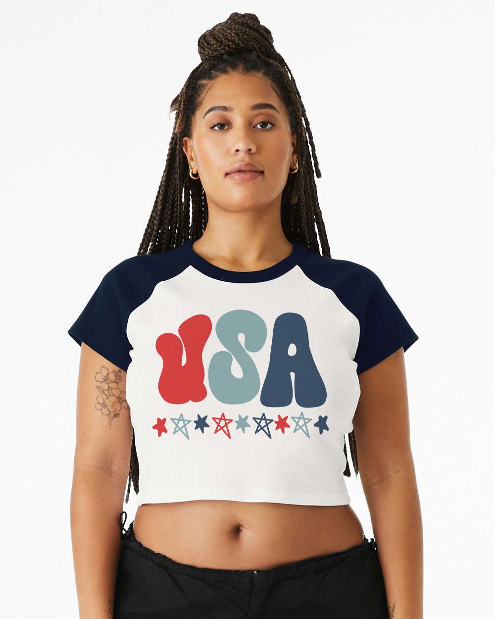 Baby Raglan Crop Top Tee Retro America Stars USA shirt,4th of July tee, Retro funny fourth shirt, Women 4th of July, USA Bold Red White Blue