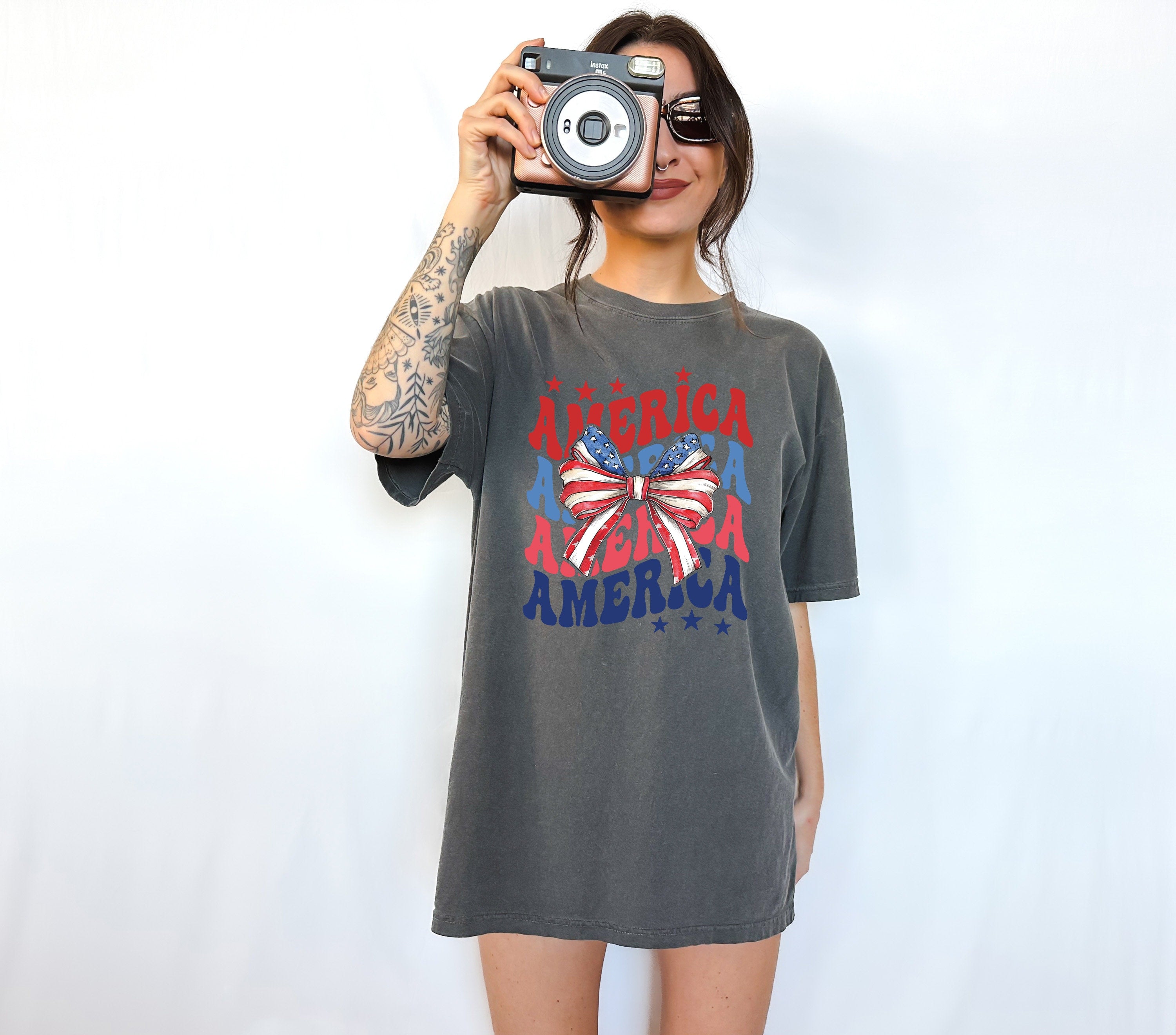 Retro America Comfort Colors Shirt, 4th of July tee, Womens 4th of July shirt, America Patriotic Shirt, Independence Day, Bow Design