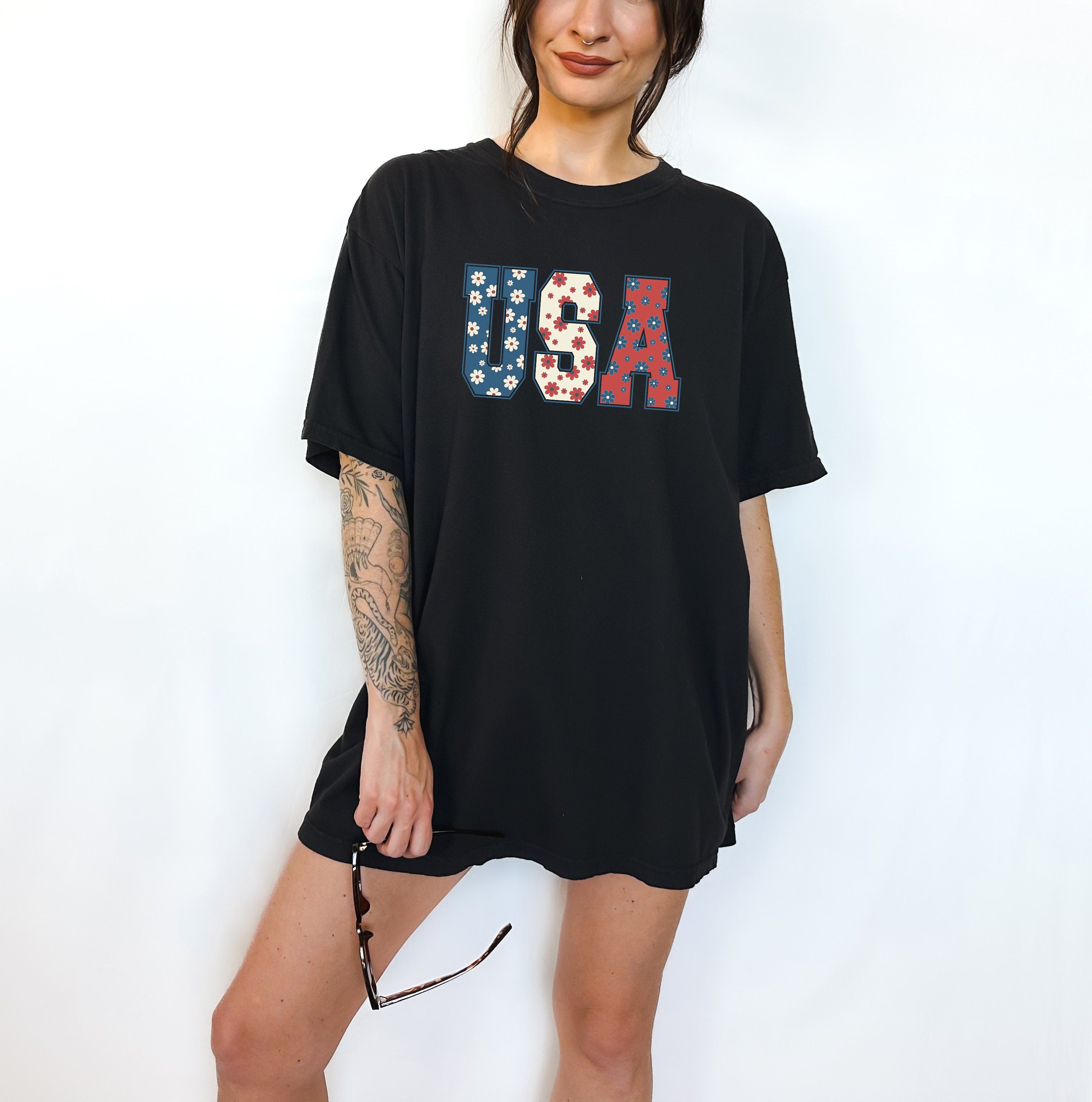 Retro Floral USA Comfort Colors Shirt,4th of July tee, July fourth shirt, Unisex 4th of July Tee, America Patriotic Shirt, Independence Day