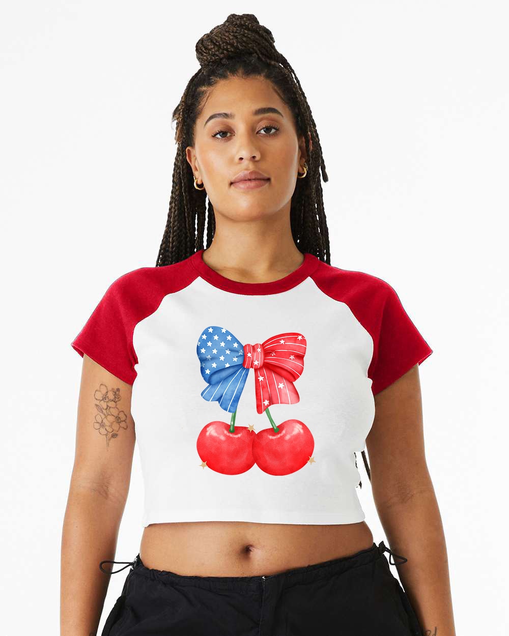 Raglan Crop Top Baby Tee Retro Red White Blue Cherry shirt America Stars USA shirt,4th of July tee, , Women 4th of July, Independence Day