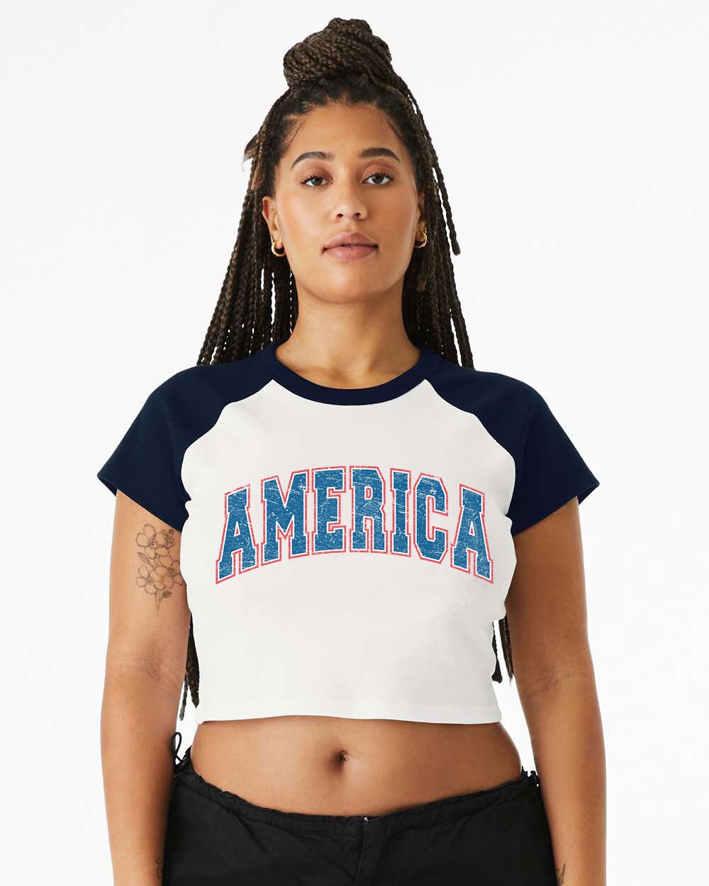 Raglan Crop Top Baby Tee Retro Red White Blue America Shirt USA shirt 4th of July tee Womens 4th of July Independence Day