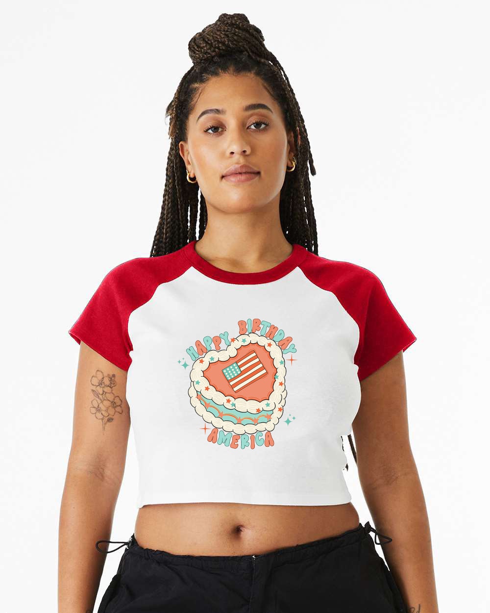 Raglan Baby Tee Crop Top Retro Happy Birthday America shirt, Fourth of July USA shirt 4th of July tee Women 4th of July Independence Day