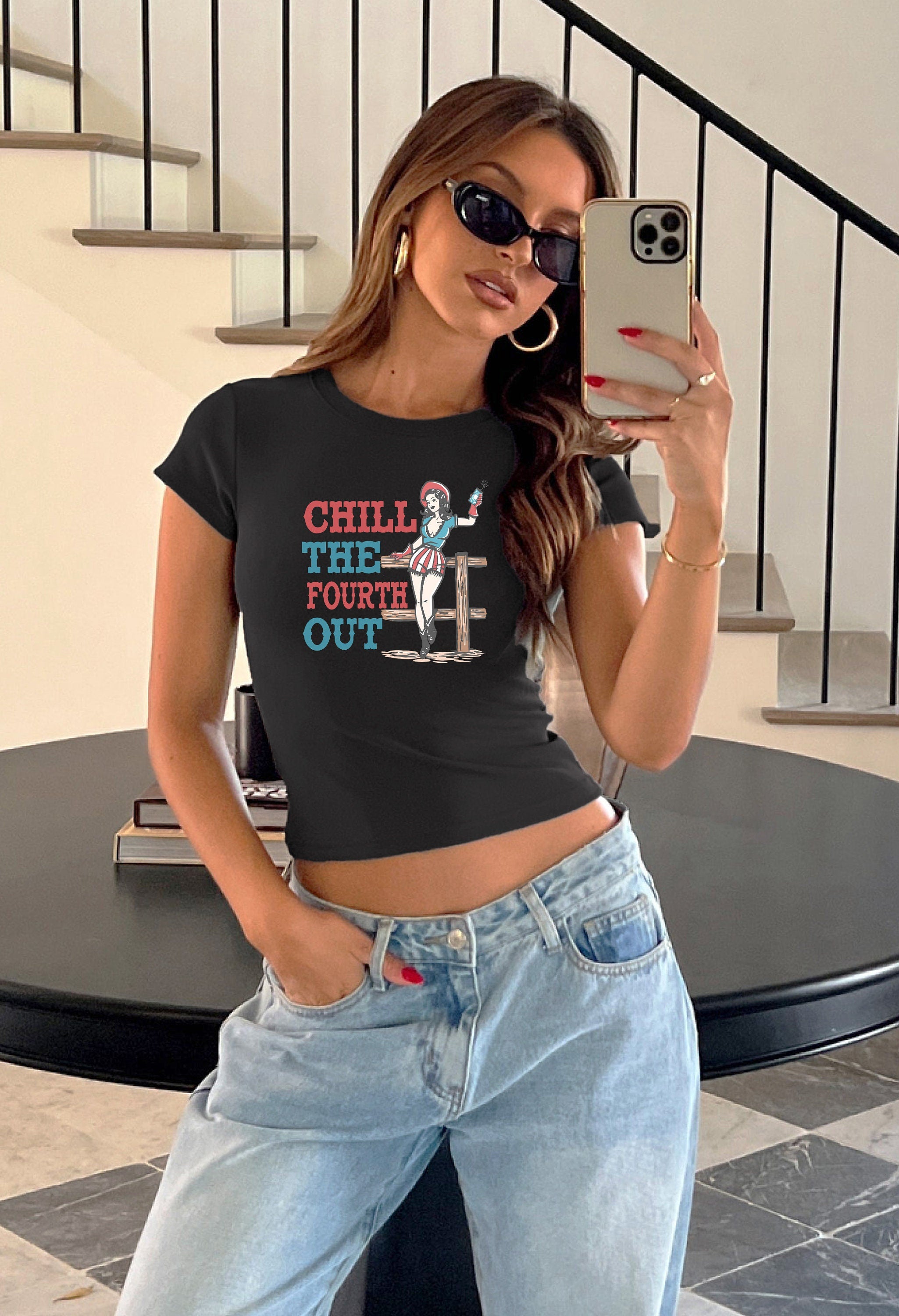 Chill The Fourth Out 4th of July Baby Tee Forth of July Design Western July 4th Baby Tee Gildan 5000B T Shirt Independence Day Cropped Shirt