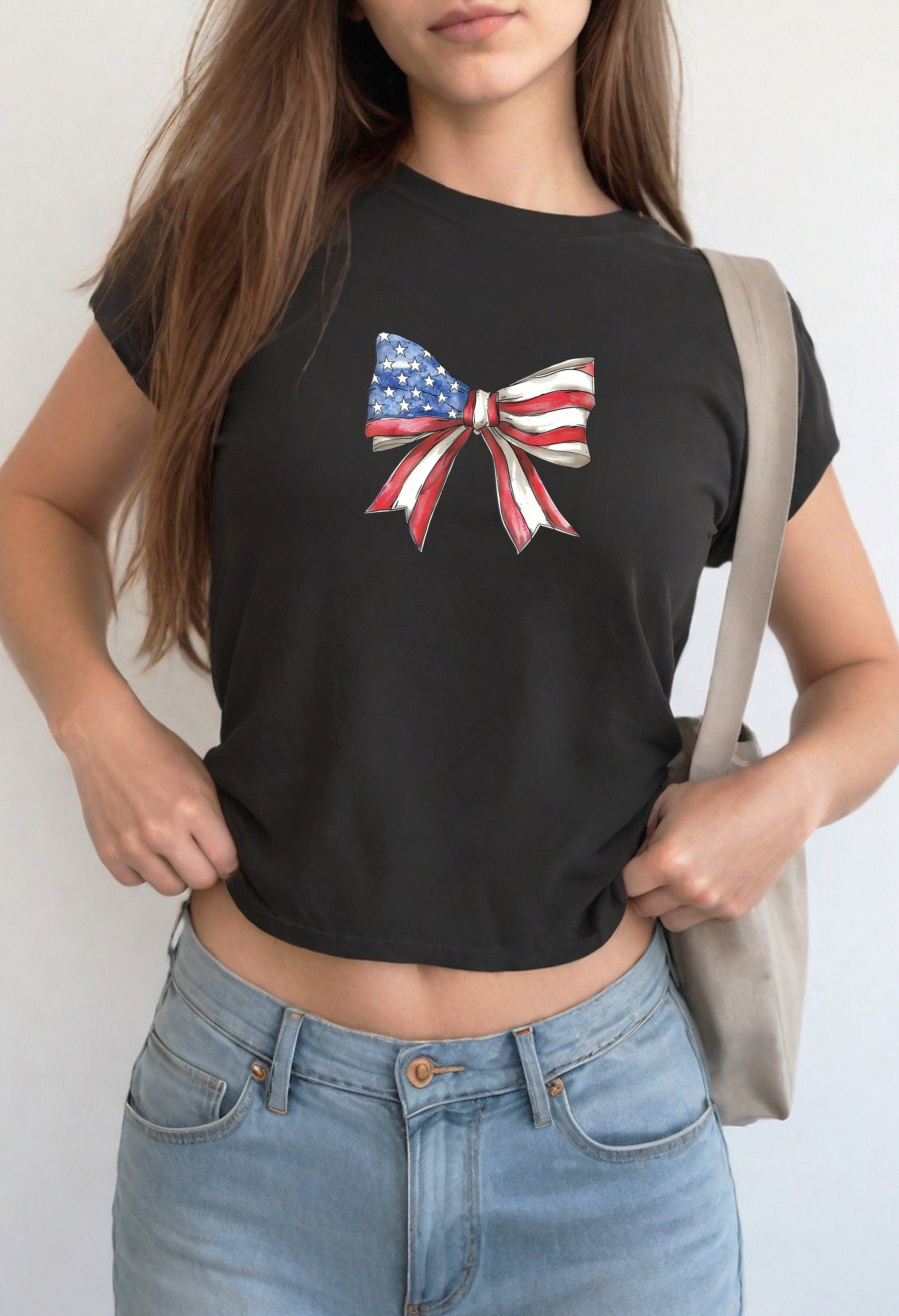 American Flag Bow 4th of July Baby Tee Forth of July Bow Design Cute July 4th Baby Tee Gildan 5000B T Shirt, Independence Day Cropped Shirt