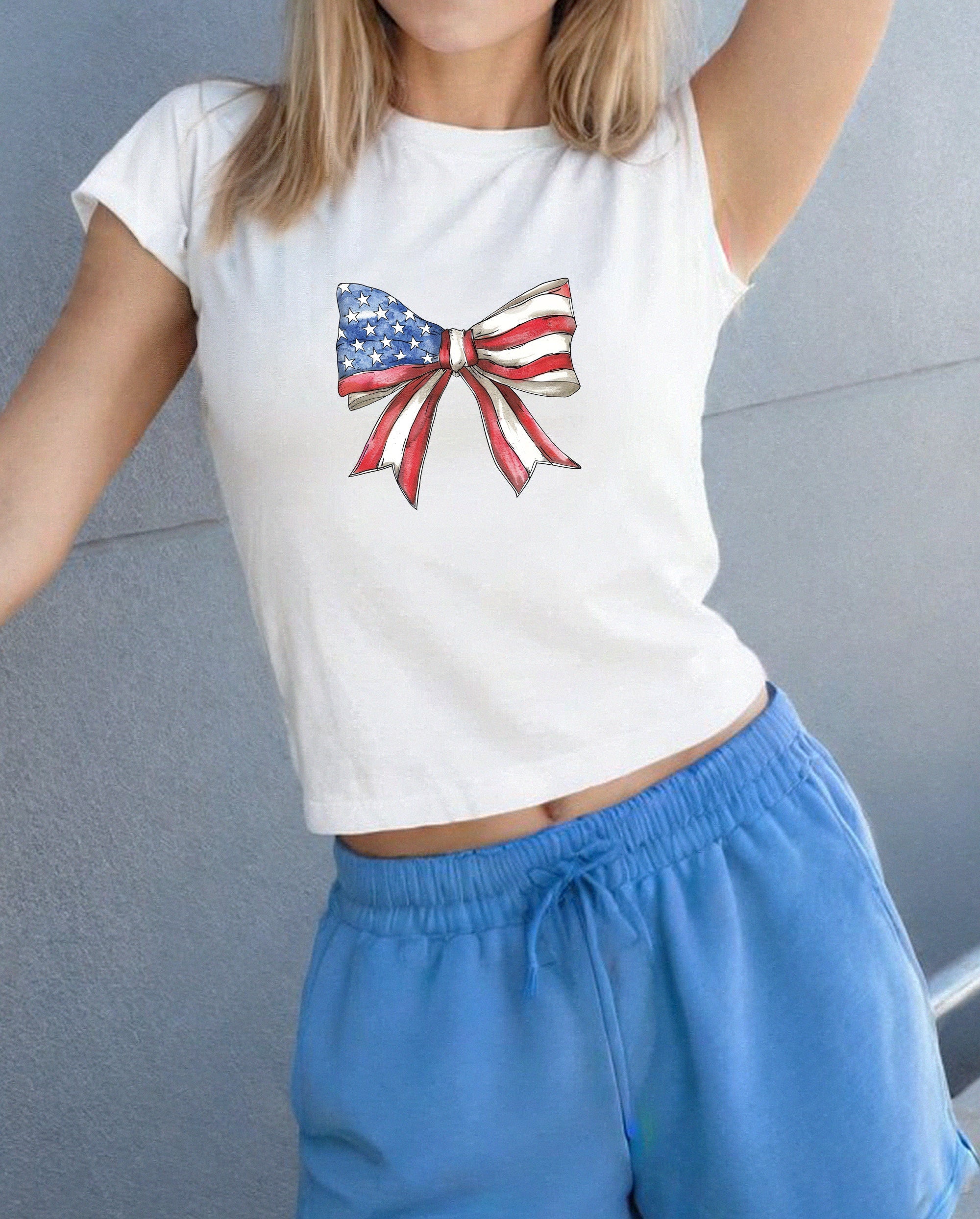 American Flag Bow 4th of July Baby Tee Forth of July Bow Design Cute July 4th Baby Tee Gildan 5000B T Shirt, Independence Day Cropped Shirt