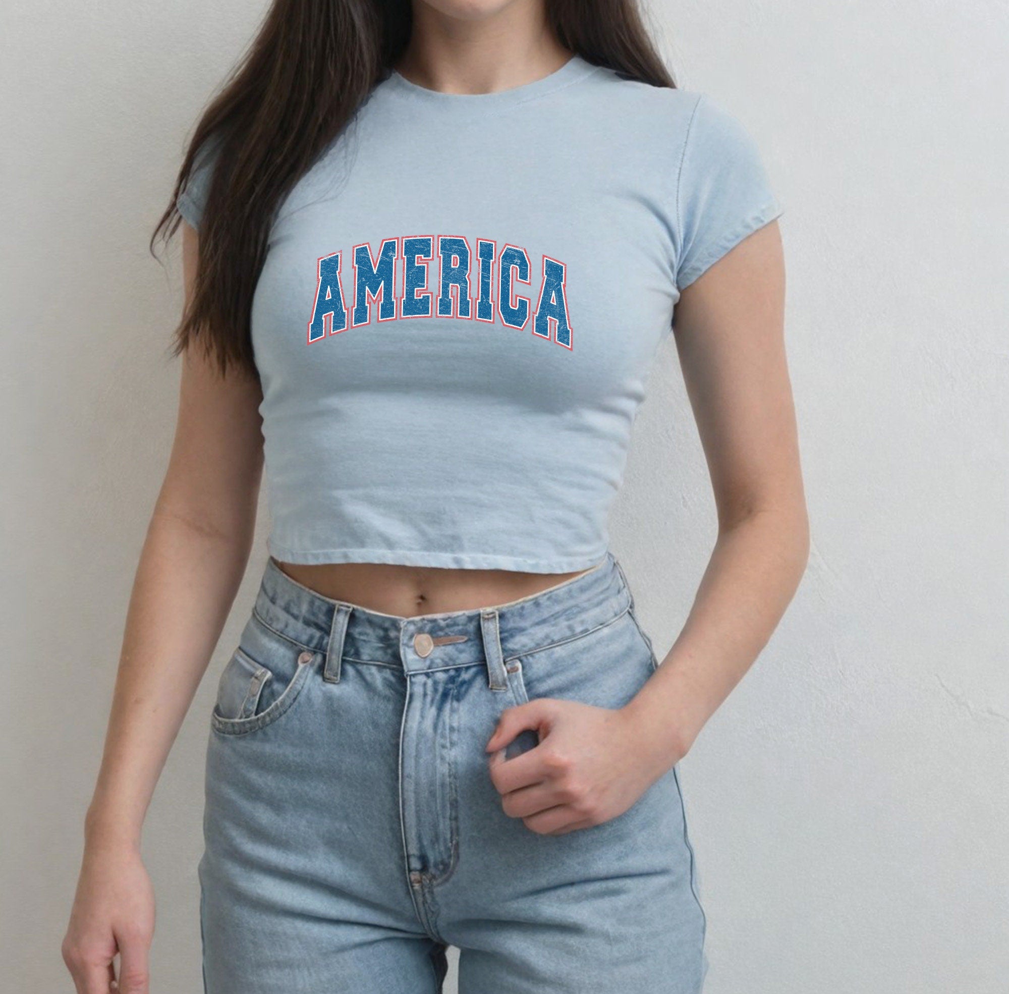 America 4th of July Baby Tee Forth of July Varsity Design Cute July 4th Baby Tee Gildan 5000B T Shirt, Independence Day Cropped Shirt