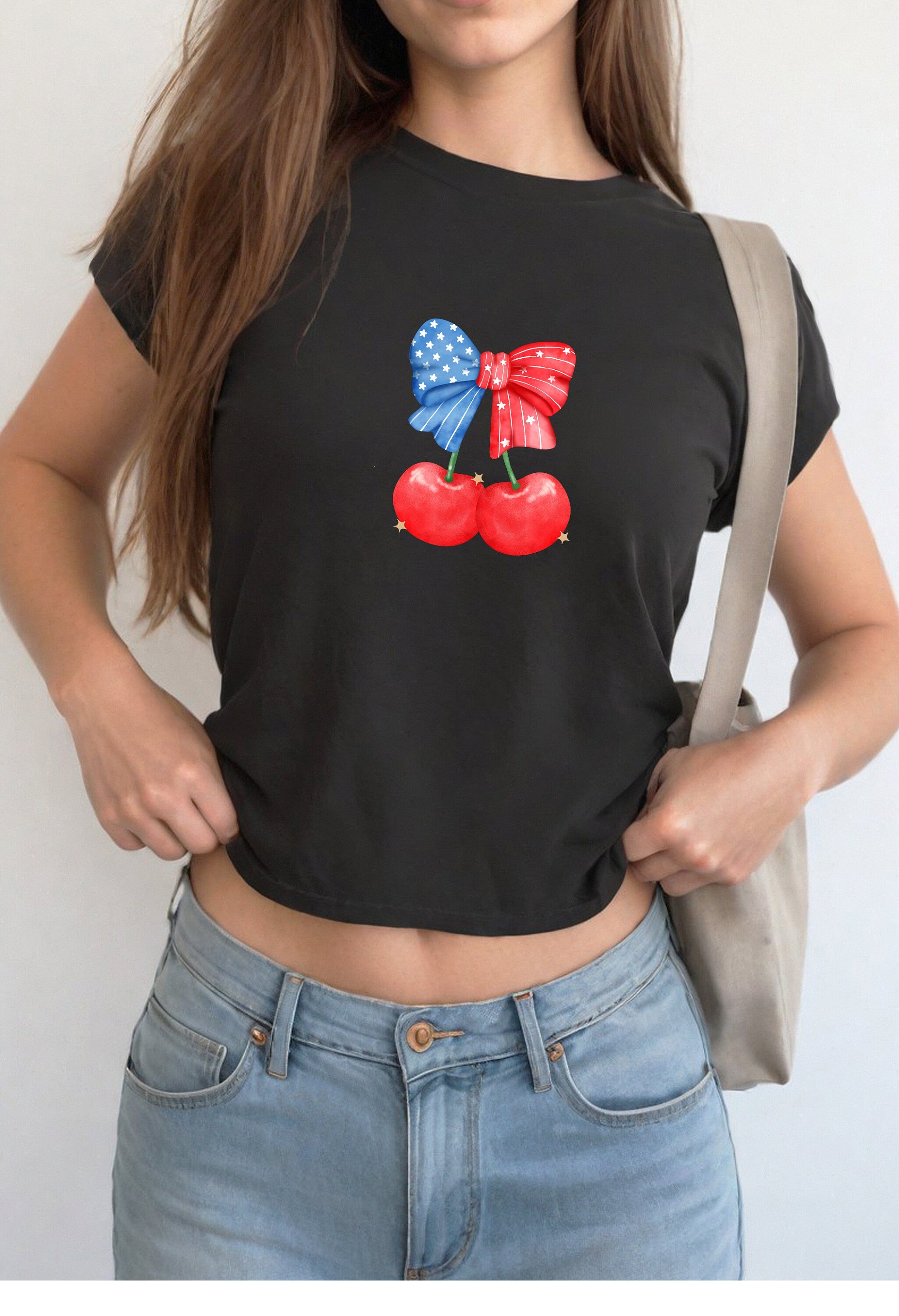 USA Cherries 4th of July Baby Tee Forth of July Bow Design Cute July 4th Baby Tee Gildan 5000B T Shirt, Independence Day Cropped Shirt