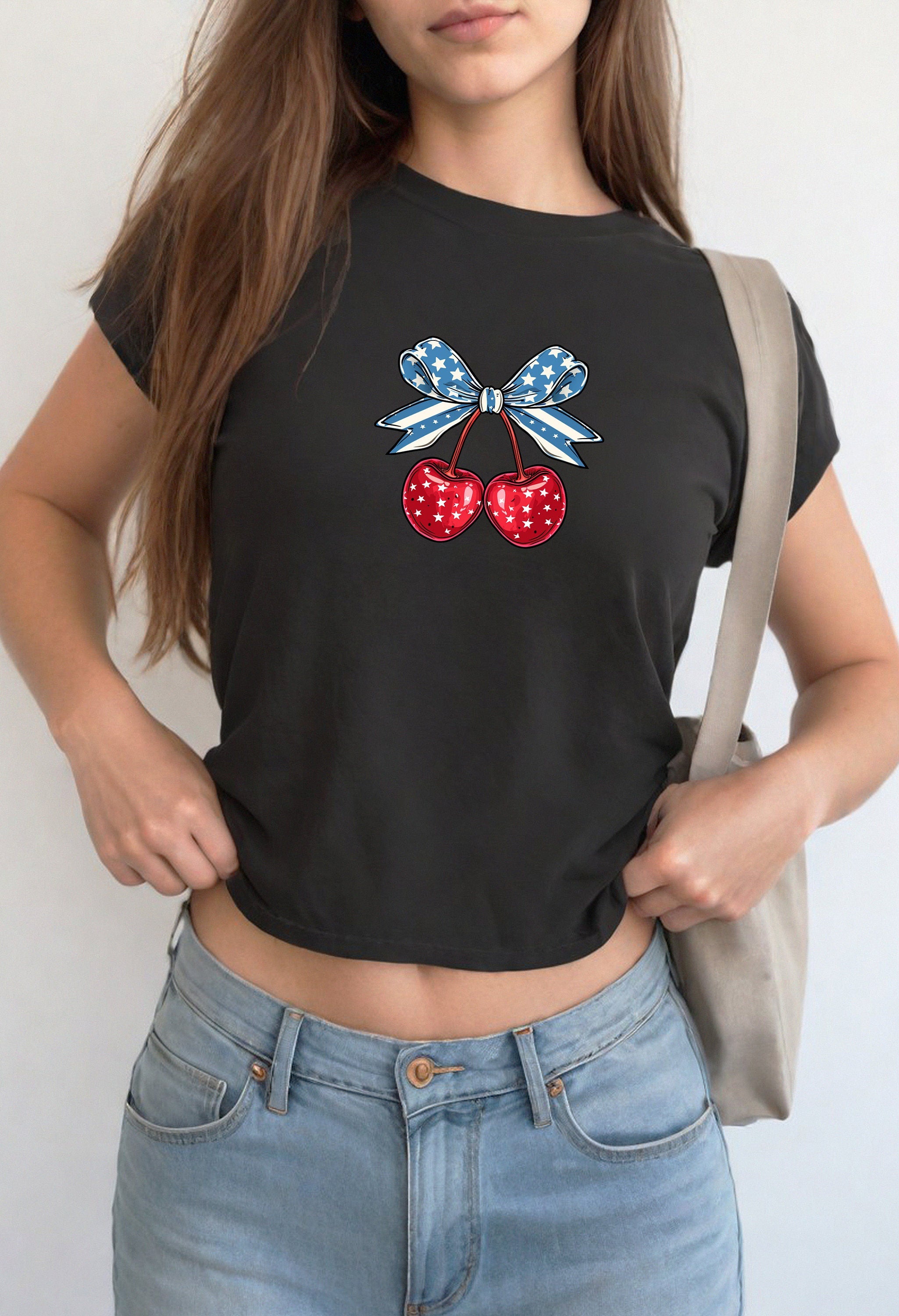 Cherries 4th of July Baby Tee Forth of July Bow Design Cute July 4th Baby Tee Gildan 5000B T Shirt, Independence Day Cropped Shirt