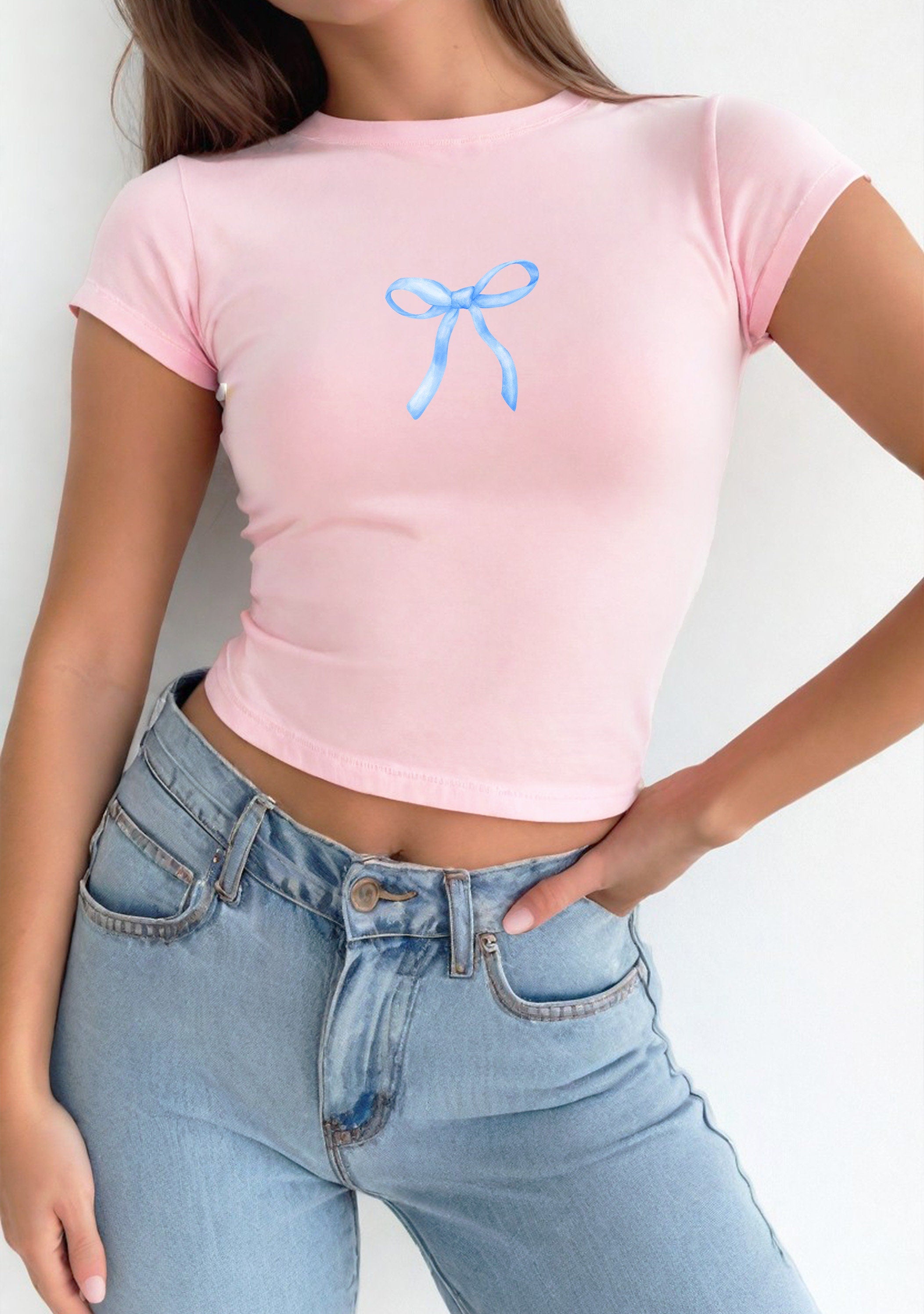 Blue Bow Baby Tee, Baby Tee, Cute Bow Graphic T, 90s TShirt, Coquette Bow Tee, Girly y2k baby tee, 90s baby tee, y2k, Crop