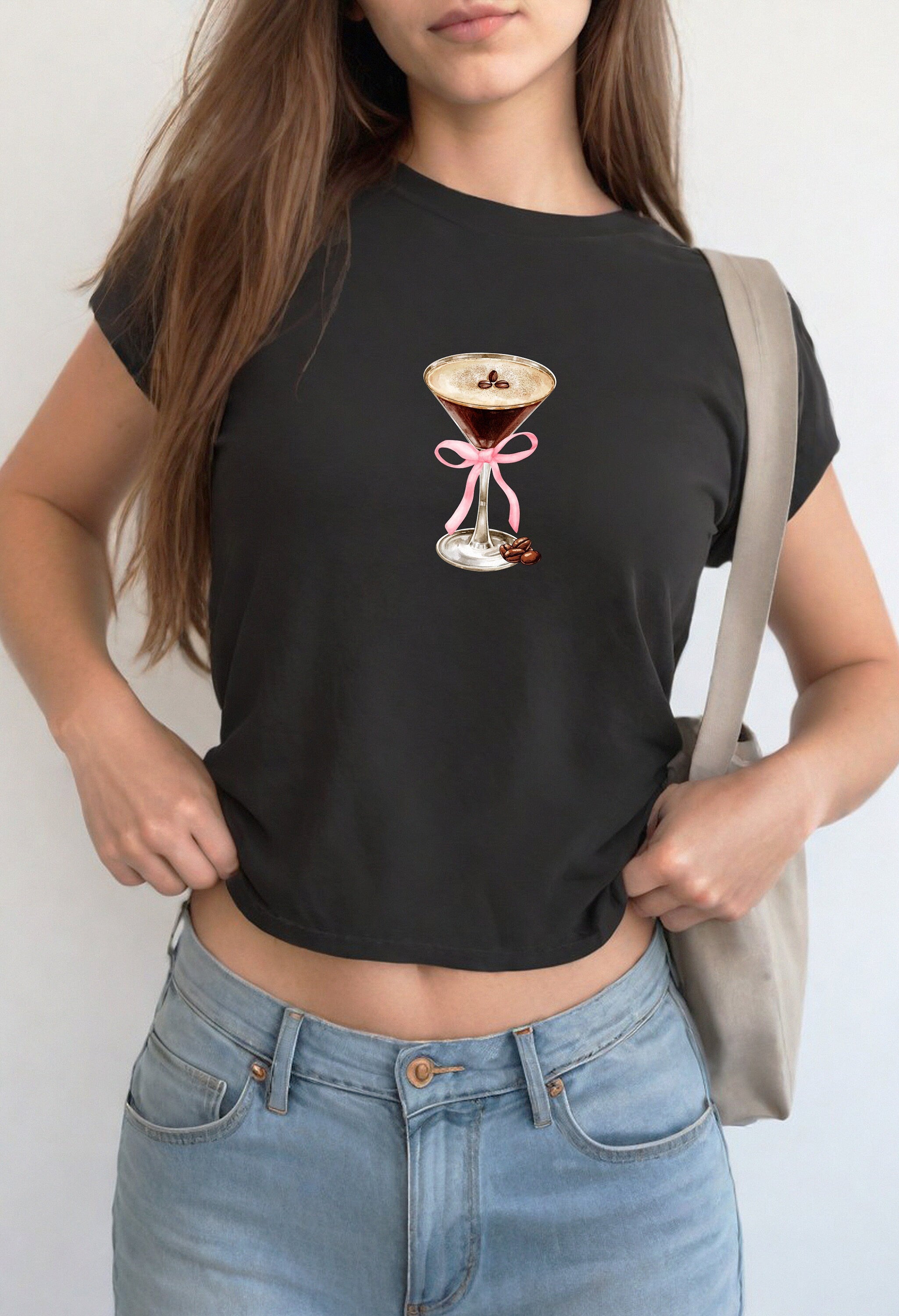 Espresso Martini Pink Bow Baby Tee, Baby Tee, Cute Bow Graphic T, 90s TShirt, Pink Coquette Bow Tee Girly y2k baby tee 90s baby tee y2k Crop