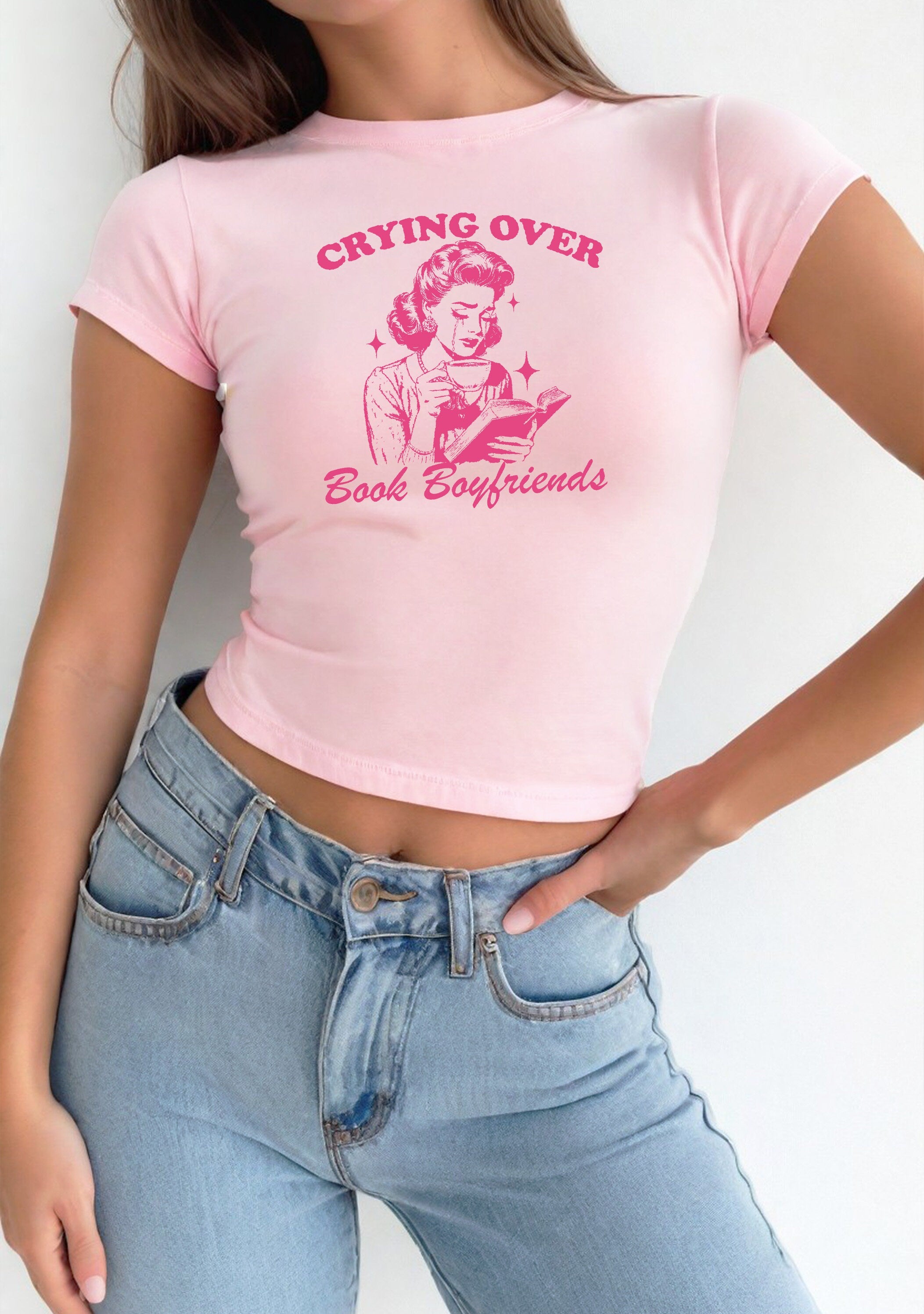 Crying Over Book Boyfriends Baby Tee Book Lover Graphic T, 90s T Shirt Reading Girly y2k baby tee 90s baby tee y2k Crop