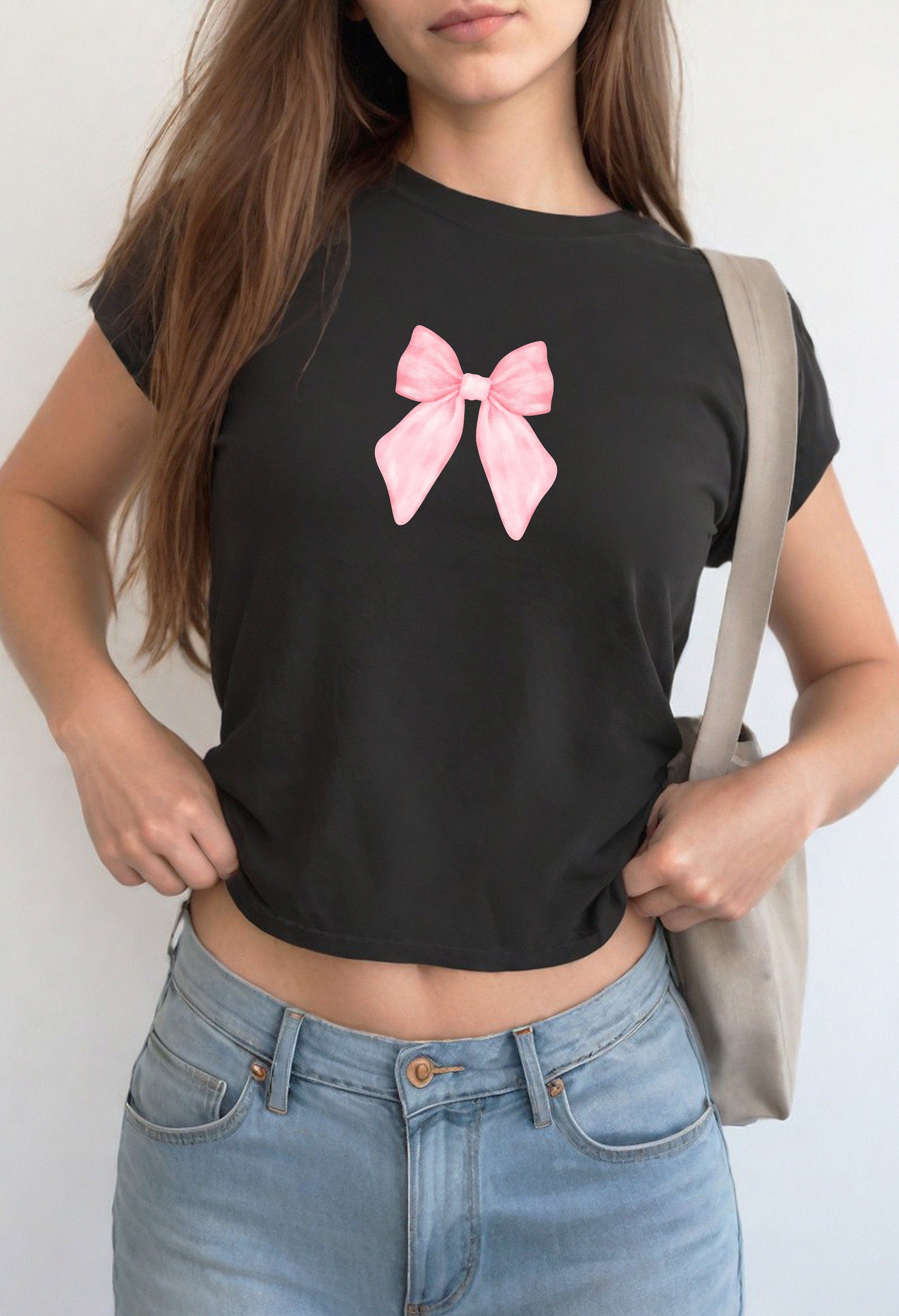 Cute Pink Bow Baby Tee Croquette Bow Graphic T, 90s T Shirt Girly pop y2k baby tee 90s baby tee y2k Crop