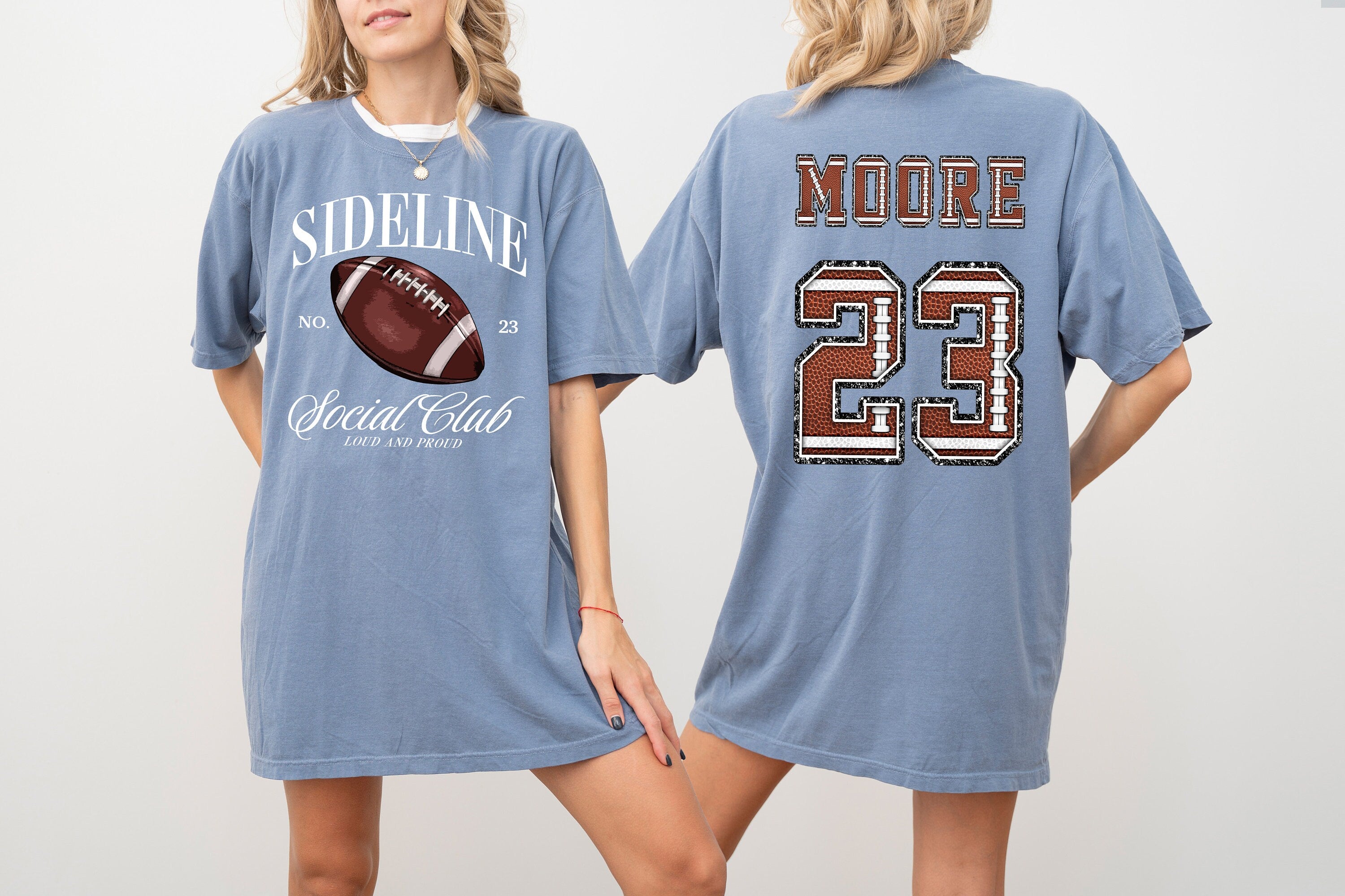 Custom Sideline Social Club Sports Comfort Colors Tee, Two-sided Football Tshirt Custom Number Name Football Mom Tee Personalized Football T