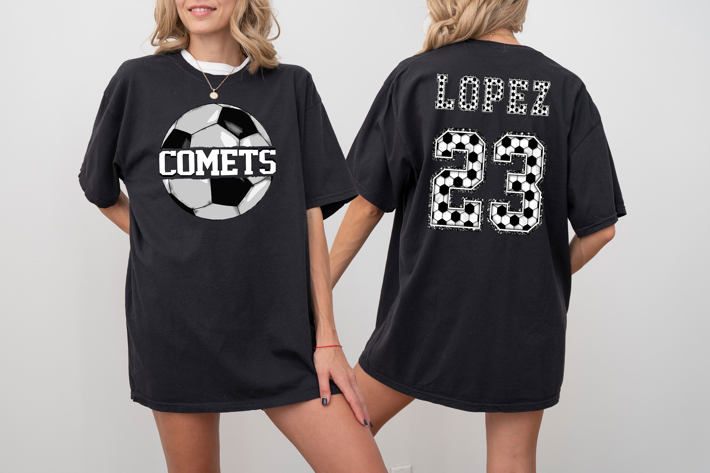 Soccer Team Name Custom Sports Comfort Colors Tee, Two-sided Soccer Tshirt Custom Number Name Soccer Mom Tee Personalized Soccer Shirt