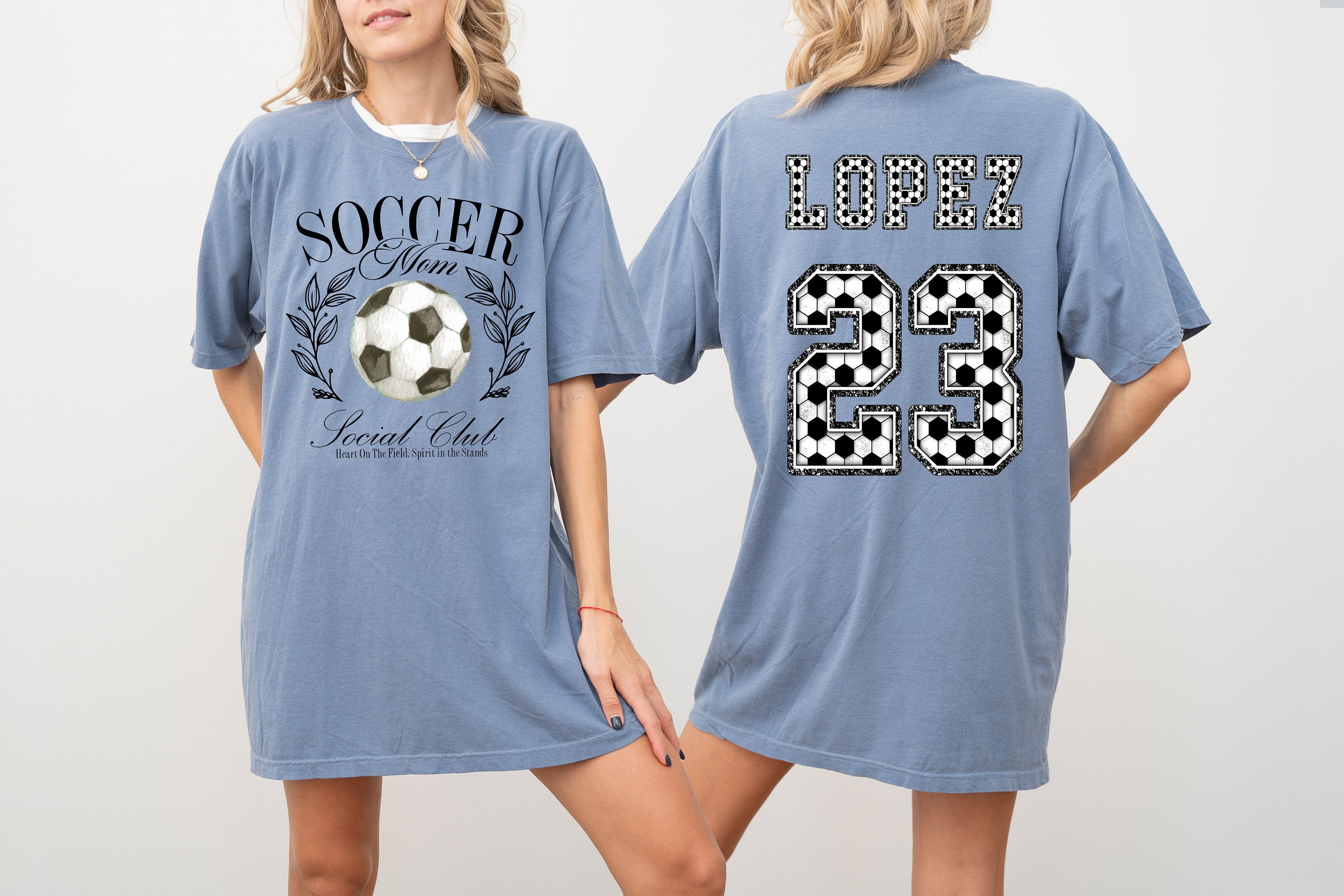 Soccer Mom Social Club Custom Sports Comfort Colors Tee, Two-sided Soccer Tshirt Custom Number Name Soccer Mom Tee Personalized Soccer Shirt