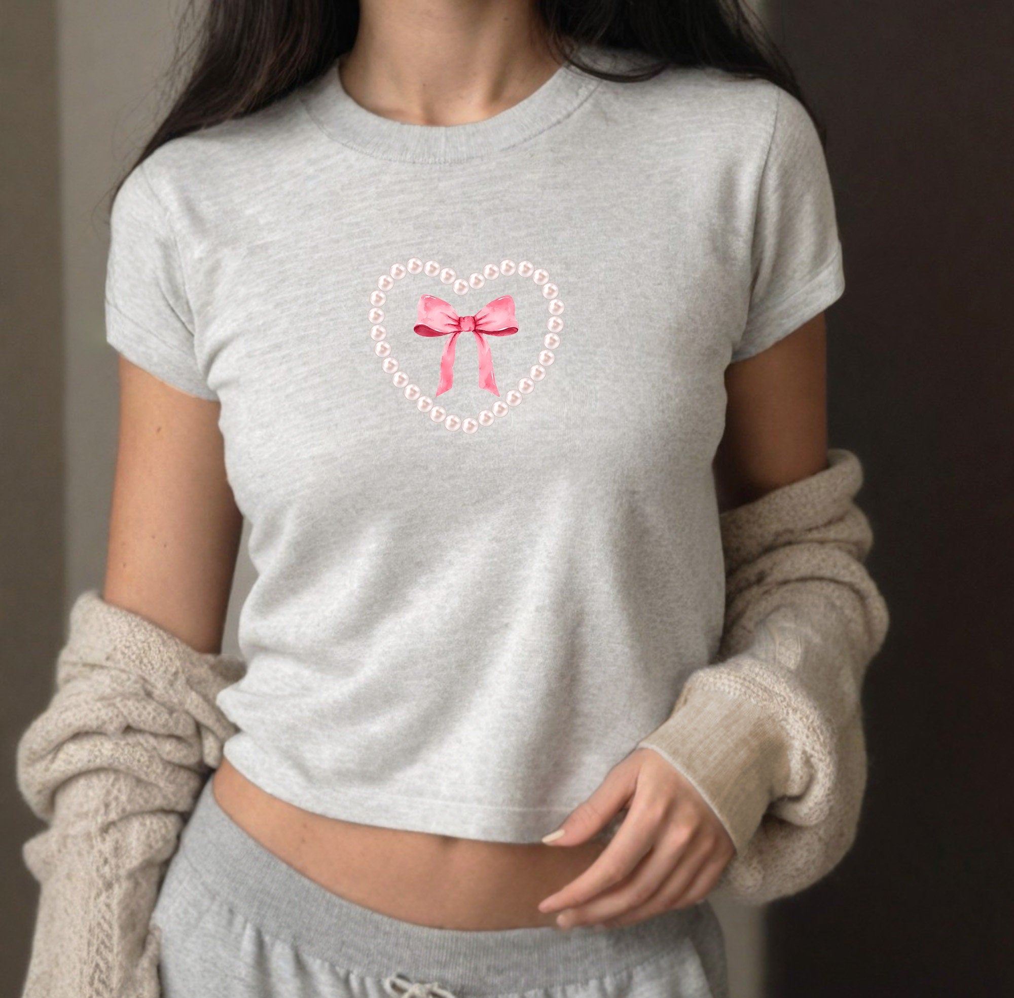 Baby Tee Pink Bow Pearl Heart, Baby Girl, Cute Baby Tee, Cute Baby, Bow Tee, y2k baby tee, 90s baby tee, y2k, Crop