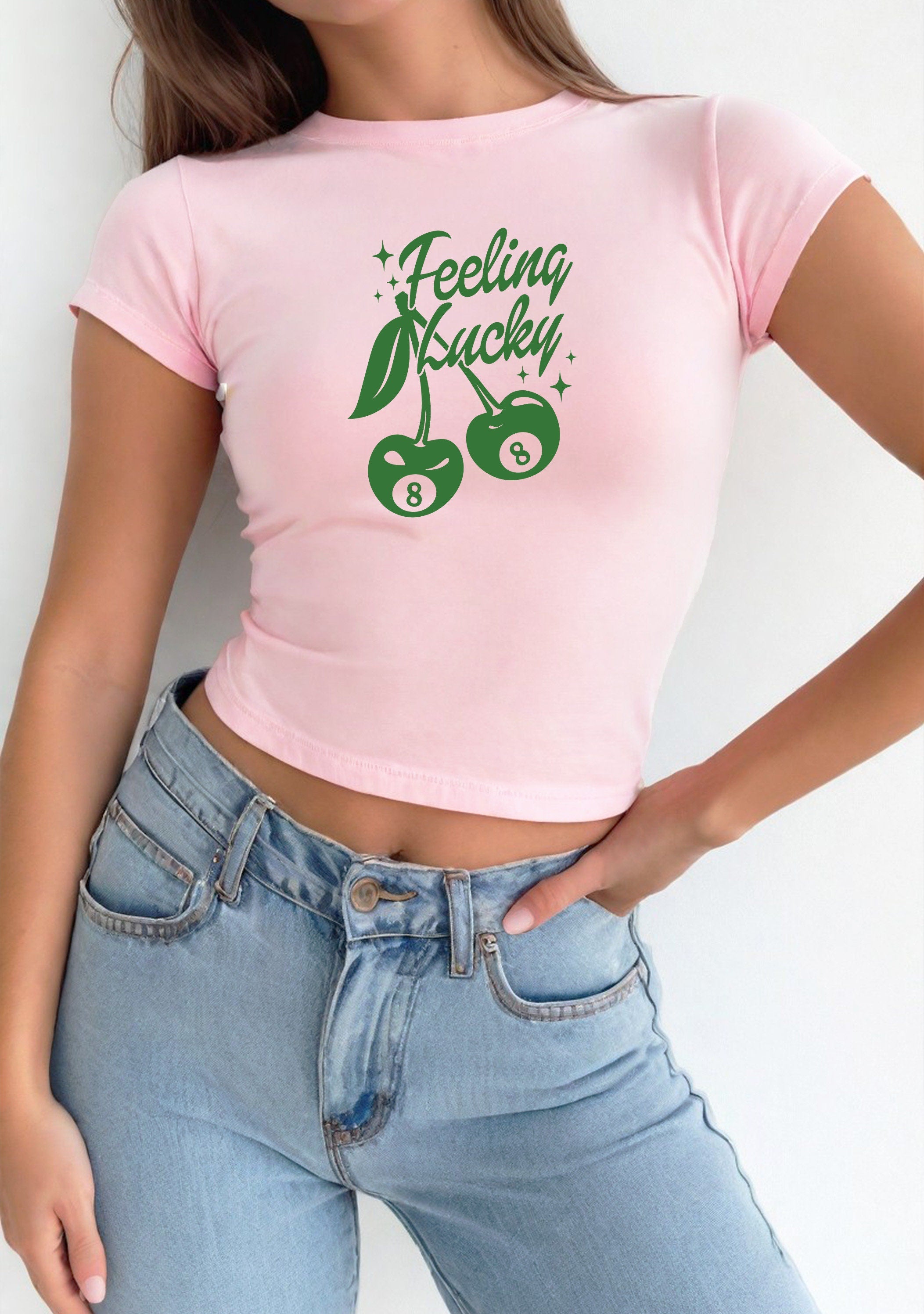 Baby Tee Feeling Lucky Green Cherries, Baby Tee, Baby Girl, Cute Baby Tee, Cute Baby T, Cherry Tee, y2k baby tee, 90s baby tee, y2k, Crop