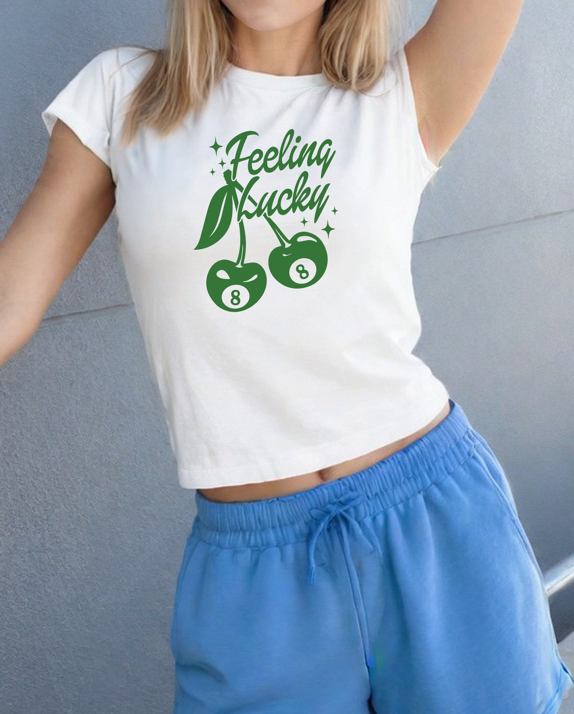 Baby Tee Feeling Lucky Green Cherries, Baby Tee, Baby Girl, Cute Baby Tee, Cute Baby T, Cherry Tee, y2k baby tee, 90s baby tee, y2k, Crop