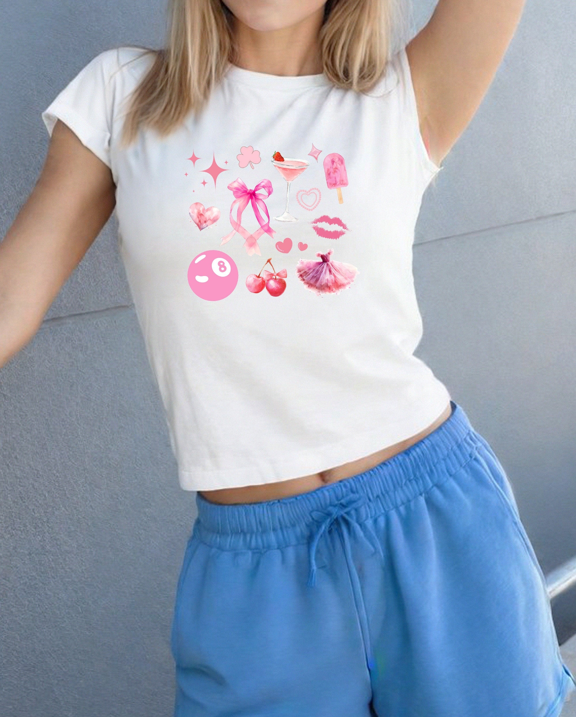 Just Girly Things Collage Baby Tee , Pink Bow Cherries Martini Girly, Cute Baby Tee, Baby T for Girls, y2k baby tee, 90s baby tee, y2k, Crop