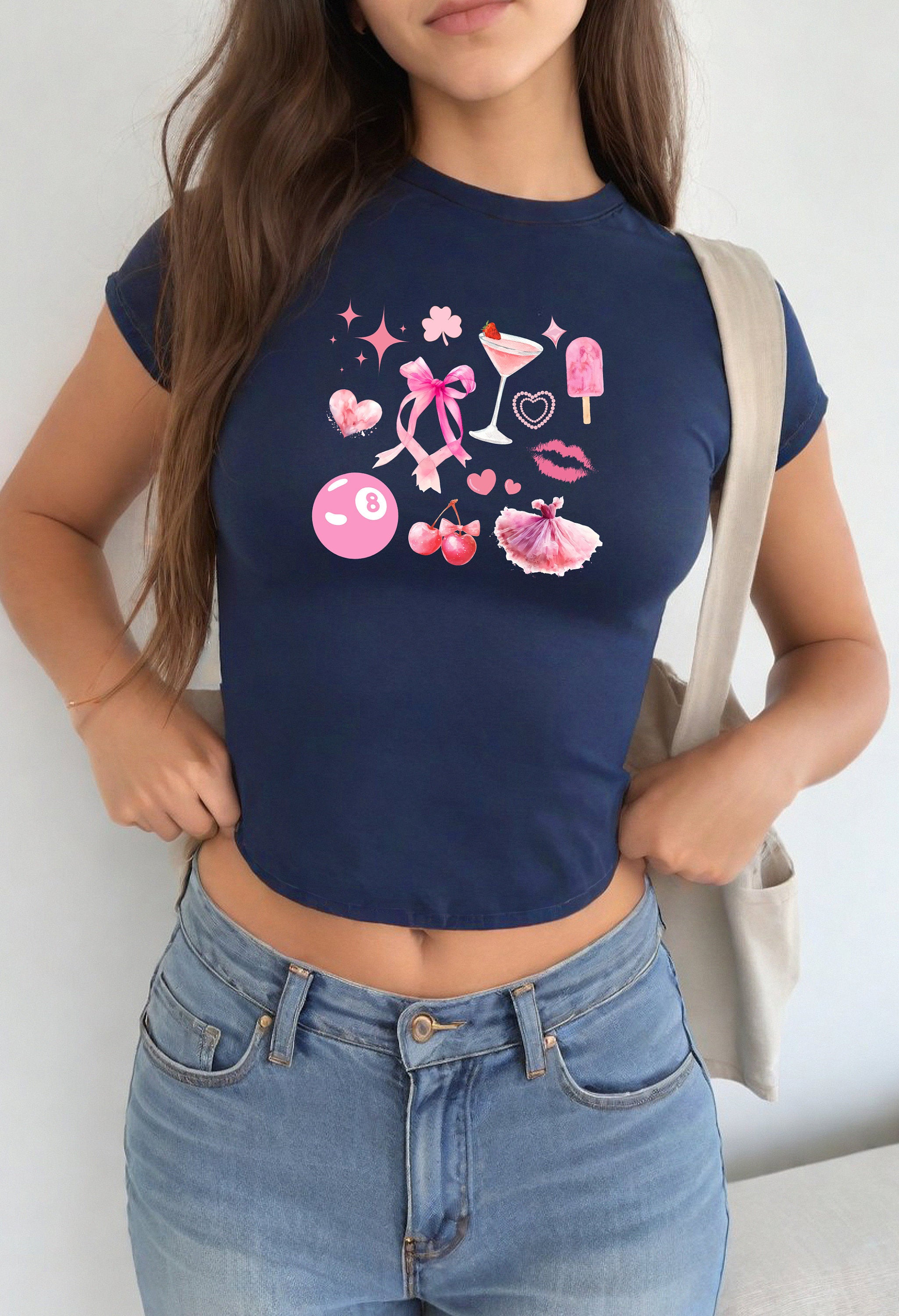 Just Girly Things Collage Baby Tee , Pink Bow Cherries Martini Girly, Cute Baby Tee, Baby T for Girls, y2k baby tee, 90s baby tee, y2k, Crop