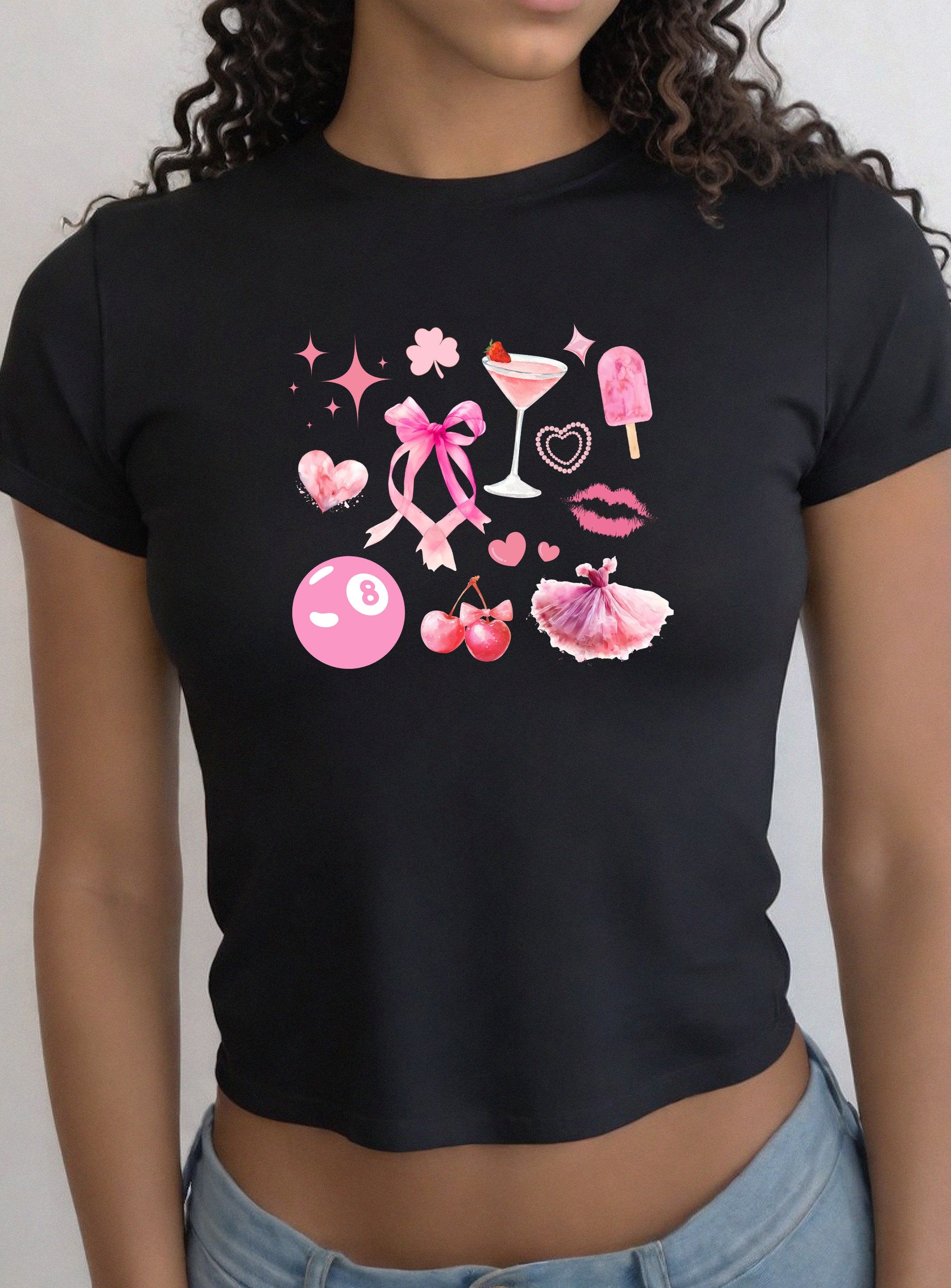 Just Girly Things Collage Baby Tee , Pink Bow Cherries Martini Girly, Cute Baby Tee, Baby T for Girls, y2k baby tee, 90s baby tee, y2k, Crop
