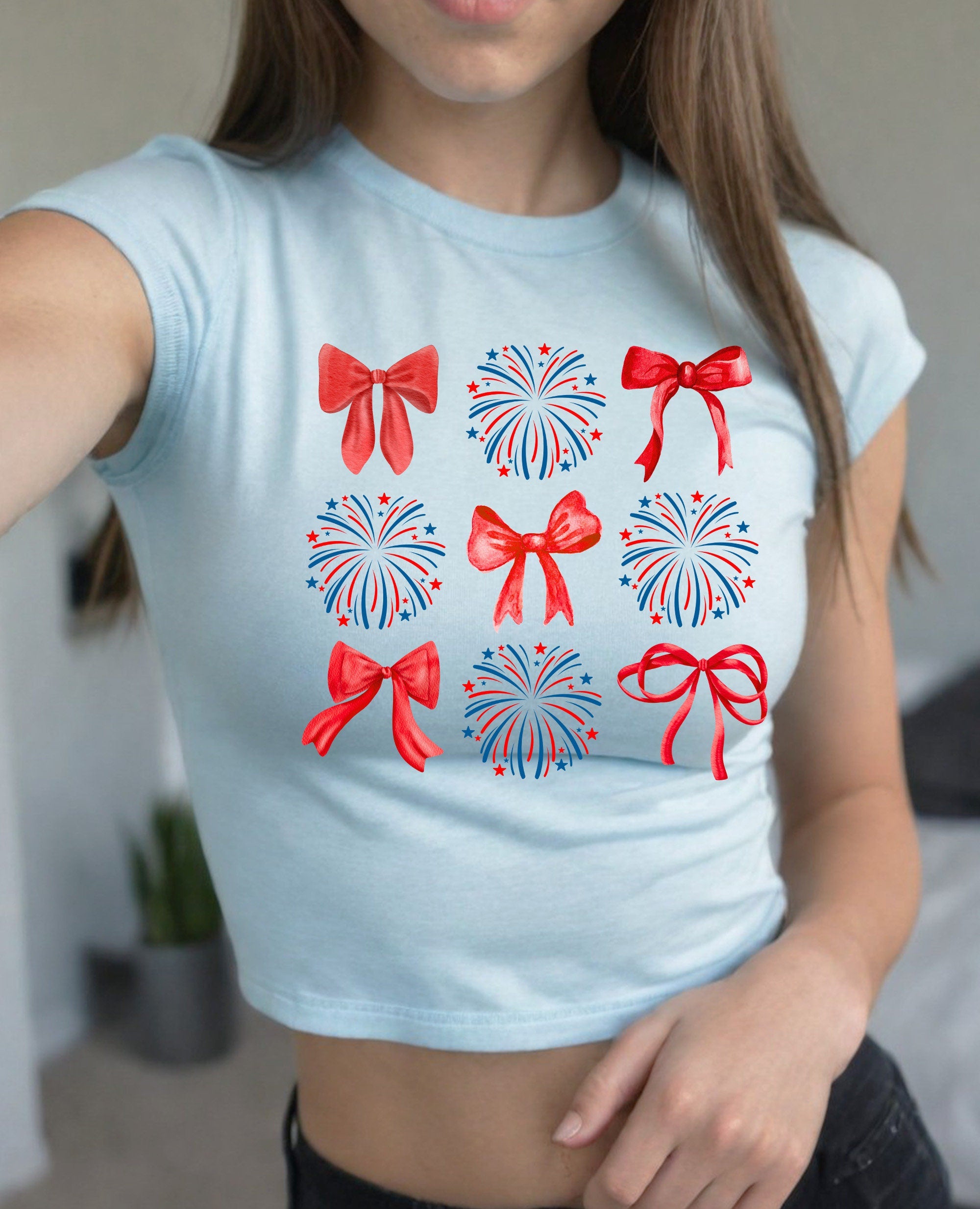 Fireworks and Bows 4th of July Baby Tee, Forth of July Design, Cute July 4th Baby Tee, Gildan 5000B T Shirt, Independence Day Cropped Shirt