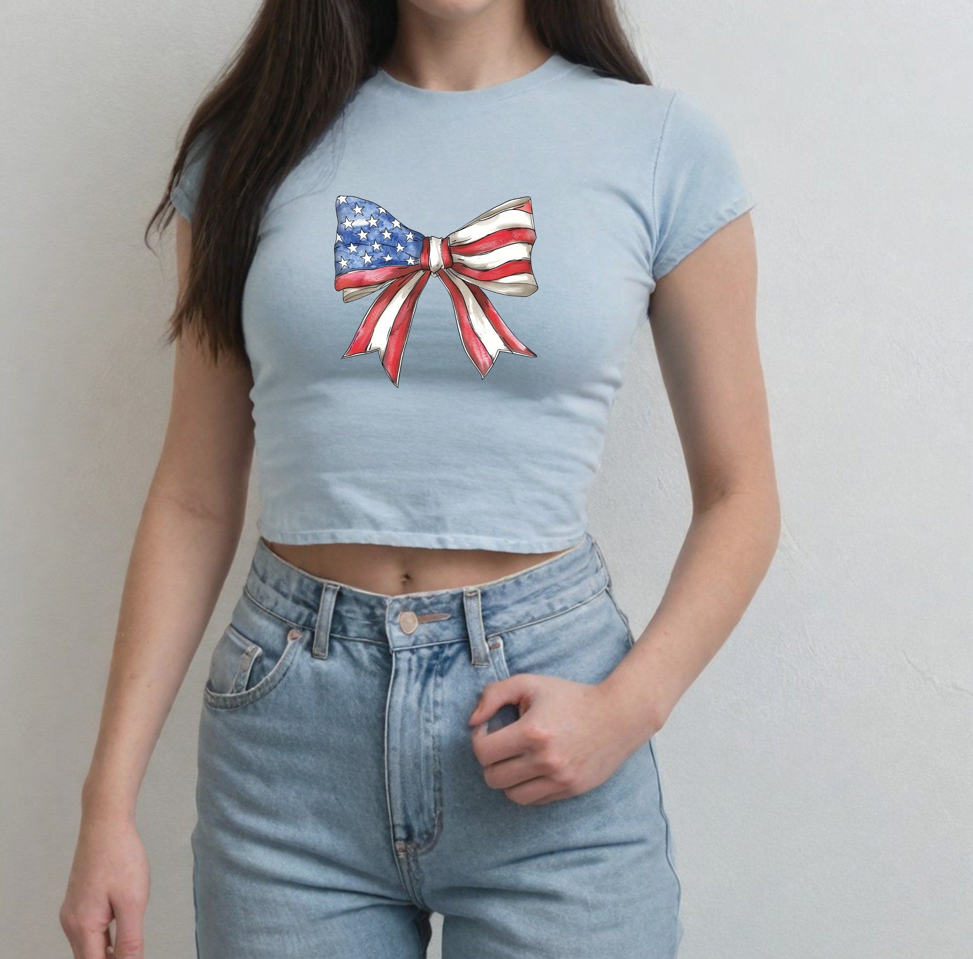 American Flag Bow 4th of July Baby Tee Forth of July Bow Design Cute July 4th Baby Tee Gildan 5000B T Shirt, Independence Day Cropped Shirt