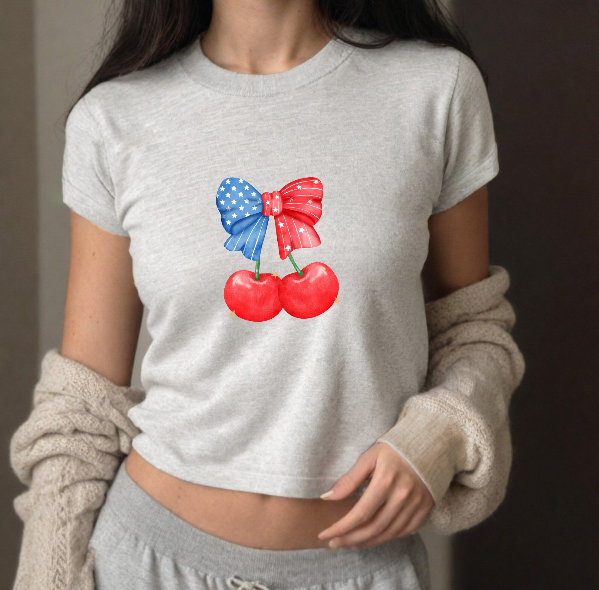 USA Cherries 4th of July Baby Tee Forth of July Bow Design Cute July 4th Baby Tee Gildan 5000B T Shirt, Independence Day Cropped Shirt